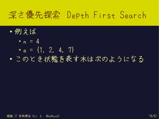 深さ優先探索 Depth First Search
 ●   例えば
     ●   n = 4
     ●   a = {1, 2, 4, 7}
 ●
     このとき状態を表す木は次のようになる




姫路 IT 系勉強会 Vol. 6   @kakkun61   78/82
 
