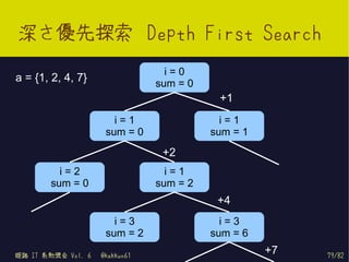 深さ優先探索 Depth First Search
                                  i=0
a = {1, 2, 4, 7}                sum = 0
                                           +1
                       i=1                  i=1
                     sum = 0              sum = 1
                                 +2
          i=2                     i=1
        sum = 0                 sum = 2
                                           +4
                       i=3                  i=3
                     sum = 2              sum = 6

姫路 IT 系勉強会 Vol. 6   @kakkun61
                                                    +7   79/82
 