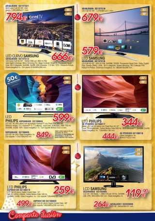 ilusiónComparte
LED PHILIPS
32 PFH5300 02158017
Smart LED Full HD plano con Pixel.Plus HD 32”.
Smart TV simplificado. Perfect Motion Rate 200 Hz. Wi-Fi Miracast™. 2xHDMI. 2xUSB.
Clase Energética: A+. 726x485x186 mm.
40 PFH5300 02158018
Clase Energética: A+.
904x577x222 mm.
344€
444€
LED PHILIPS
32PHH4100 02158015
LED Full HD plano Digital Crystal Clear  32”.
Full HD 1920x1080pxl. Perfect Motion Rate 100 Hz.
2xHDMI. 1xUSB. Clase Energética: A+. Con soporte 726x464x181 mm.
259€
48PHH4100 02158803
LED Full HD plano Digital Crystal Clear  48”.
Con soporte 1082x663x256 mm mm.499€
LCD SAMSUNG
UE24H4003 02155465
LCD 24”. HD Ready. 1.366x720 pxl. 50 Hz. 2xHDMI.
USB. EPG. 562x384x164 mm. Clase energética: B.
UE28J4001 02202908
LCD 28”. 643x438x151 mm.264€
119,90
€
LED CURVO SAMSUNG
UE40J6300 02157212
LED Curvo Full HD 40”. 1920x1080 pxl. 800 Hz PQI.
Auto Depth Enhancer. Micro Dimming Pro. Mega Contrast. Smart TV. Procesador Quad
Core. Wi-Fi Integrado. 4xHDMI. 3xUSB. USB Grabador. 1 CI Slot. TDT2. Picture-In-Picture.
Clase energética A+. Con peana 916x560x288 mm.
UE48J6300 02157221
LED Curvo Full HD 48”. Con
peana 1.082x693x311 mm.
794€
666€ LED SAMSUNG
UE43J5500 02157218
LED Full HD 43”. 400 Hz PQI. 3xHDMI. 2XUSB. Procesador Quad Core. Dolby Digital
Plus. Sonido (RMS): 20W.  Wi-Fi integrado. Screen Mirroring. REC Extender PVR.
Picture-In-Picture. Eficiencia Energética: A+. 963x616x288 mm.
UE48J5500 02157219
LED Full HD 48”. 1.076x681x311 mm.
579€
679€
LED
PHILIPS 40PUH6400 02158804
LED 40” 4K UHD plano con tecnología Android™ con Pixel Plus Ultra HD.
3840x2160pxl. S.O. Android™ 5.1 (Lollipop). Dual Core. ROM 8Gb. PMR 700 Hz.
4xHDMI. 3xUSB. WiFi. Clase Energética: A+. Con soporte 904x575x213 mm.
50PUH6400 02158805
LED 50” 4K UHD Clase Energética: A+.
Con soporte 1124x709x249 mm.
Oferta válida hasta el 25 de
Diciembre de 2015.
Informese en www.philips.es/
tvreembolso o acuda a su
tienda MASTER más cercana.849€
599€
00-Navidad HepMadrid 2015.indd 16 30/11/15 08:44
 