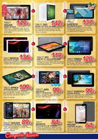 ilusiónComparte
TABLET SPC
DARK GEE 10.1 OCTA CORE 06158289
Pantalla: 10.1” HD 1024x600 px. Android 4.4.
Procesador Octa Core A7 1,8GHz. RAM 1Gb+ROM 8Gb.
Hasta 32Gb vía microSD. Wi-Fi. Cámara trasera 2 Mpx.
Cámara frontal video llamadas.
119€
TABLET JAPA
GAME MASTER
TABLET™ 7 DC 06157734
Pantalla 7” 1024×600Pxl. RAM 1 Gb+ROM 8 Gb.
Cámaras 0.3/2.0Mpx). Procesador de 2 núcleos.
3D-engine. HDMI. USB-Host.
99€ TABLET SUNSTECH
TAB104QC 06158703
Pantalla 10”. 1024×600Pxl. RAM 1 Gb+ROM 8 Gb.
Cámaras VGA+ 2Mpx. Procesador Allwinner A33
Quad Core a 1,3GHz. Micro USB. S. O. 4.4.2 KitKat
99€
89€TABLET WOLDER
BALTIMOR GH15 06156466
Pantalla 9” HD 1024x600 pxpxl. CPU Dual Core
1,5GHz. RAM 1Gb+ROM 8Gb. S. O. Android. Webcam.
WIFI 802.11 b/g/n. MicroUSB.
(Últimas 25 unidades)
TABLET APPROX
APPTB104B 06153599
10.1” Capacitive Multi-touch 800 x 480 pxl. S.O.
Android 4.2 Jelly Bean. Procesador 1´5 GHz Dual Core.
RAM: 1Gb DDR3. 8 Gb + 32 Gb ampliables. Cámara
frontal. Micro USB. Lector MicroSD. HDMI. Wi-Fi.
109€
(Últimas 25 unidades)
TABLET 3GO
GEOTAB 7.85” IPS BT 06154440
Pantalla IPS 7,85” 1024x768pxl. CPU QuadCore Cortex
A9. 1.6 GHz. MALI 400 MP4. Android 4.2.2. RAM
1Gb+ ROM 8Gb. Cámaras 0,3/2.0 Mpxl. WiFi.HDMI.
142€
(Últimas 25 unidades)
TABLET
BRIGMTON
BTPC-910QC-N 9” QC 06159748
Pantalla 9” HD 1024x600. S.O. Android 4.4 Kit Kat.
Procesador Allwinner A33 QUAD CORE 1.2GHZ. RAM
1GB DDR3+ROM 8GB. Bluetooth. Cámaras 0,3/2Mp.
84€
TABLET BRIGMTON
BTPC 1018 OC 06159001
Pantalla 10” HD 1024x600. S.O. Android 5.1.1 Lollipop.
Procesador Allwinner A83 OCTA CORE A7 2.0 GHz. RAM
1GB DDR3+ROM 16GB. Bluetooth. Cámaras 0,3/2Mp.
136€
TABLET
WOLDER
miTAB PRAGA 06159573
Pantalla 7”. 1024×600Pxl IPS.
RAM 1 Gb+ROM 8 Gb. Cámaras 2/5Mpx. Procesador
Quad Core. Micro USB. S.O. Android 5.1. Big Button
64€
TABLET
WOLDER
OREGON 06159705
Pantalla 10,1”. 1280×800Pxl. RAM 1 Gb+ROM
16 Gb. Cámaras 2/5Mpx. Procesador QUAD Core
1,5GHz. Micro USB. S.O. Android 5.0. 2 Meses de
Wuaki Selection.
149€
TABLET
SUNSTECH
TAB105QCBTK 06158704
Pantalla 10”. 1024×600Pxl. Con funda y teclado.
Procesador Allwinner A33 Quad Core 1,3GHz. RAM
1 Gb+ROM 8 Gb. Cámaras VGA+ 2Mpx. Micro USB.
S.O. Lollipop Android 5.0. Bluetooth®
.
Con
Funda yTeclado
Bluetooth
137€
TABLET PRIMUX
UP (10,6”) 06158239
Pantalla 10,6”. 1366x768px. S.O. Android  4.4 Kit
Kat. Procesador A33 Cortex A7 Quad Core 1,3Ghz.
RAM 1 Gb. ROM 16 Gb. Cámaras 0,3/2 Mpx. WiFi.
120€
00-Navidad HepMadrid 2015.indd 18 30/11/15 08:45
 