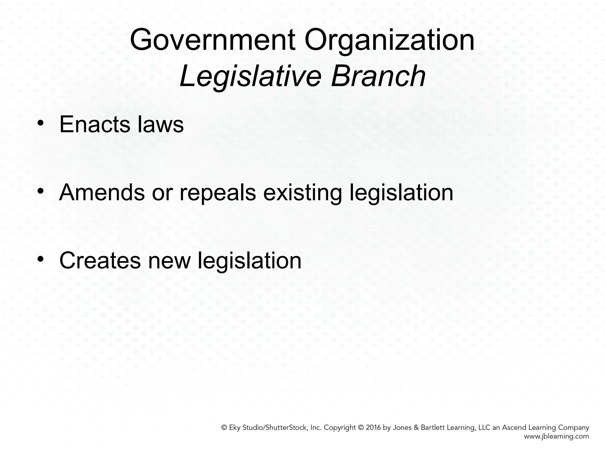 Government Organization
Legislative Branch
• Enacts laws
• Amends or repeals existing legislation
• Creates new legislation
 