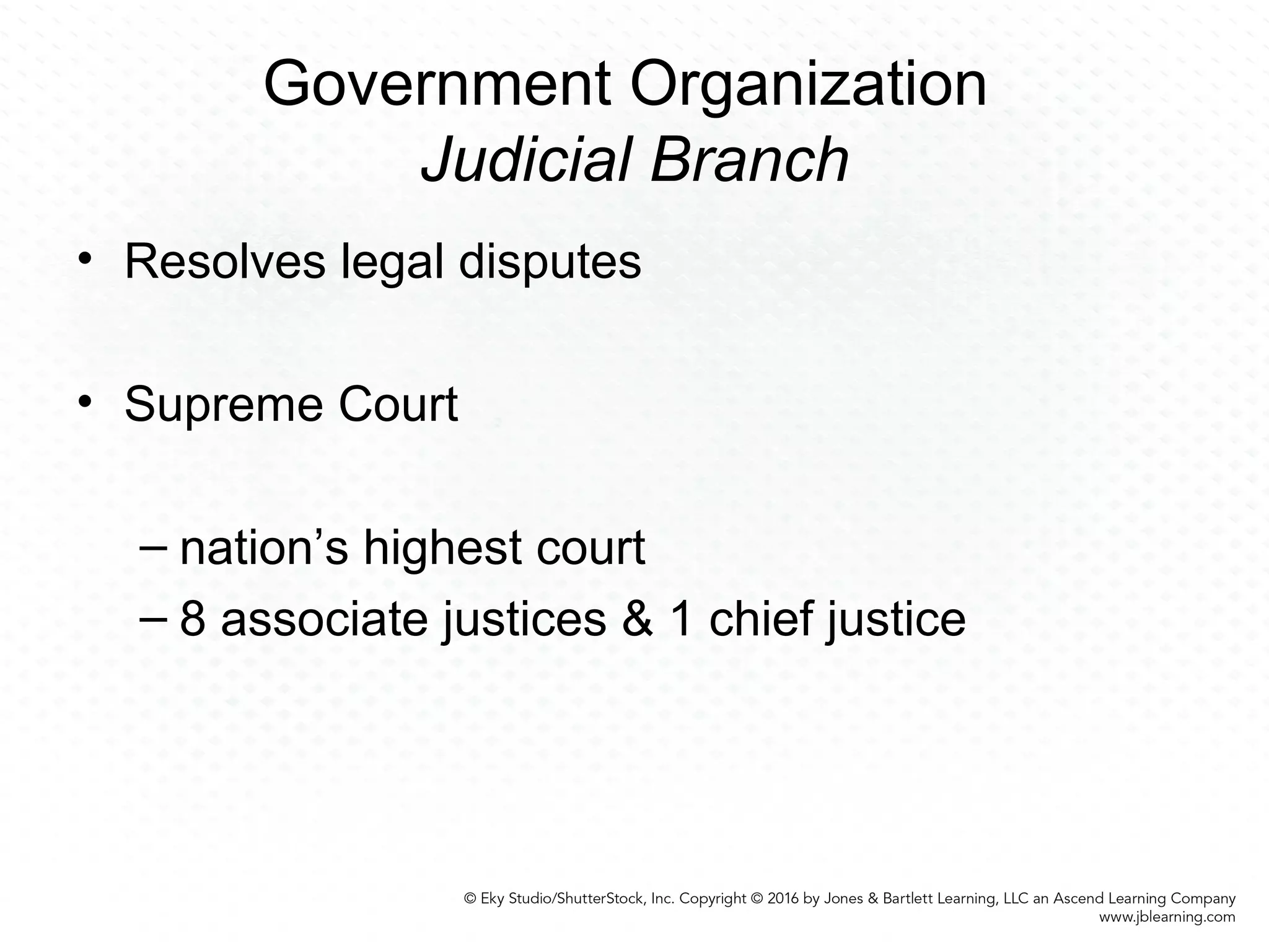 Government Organization
Judicial Branch
• Resolves legal disputes
• Supreme Court
– nation’s highest court
– 8 associate justices & 1 chief justice
 