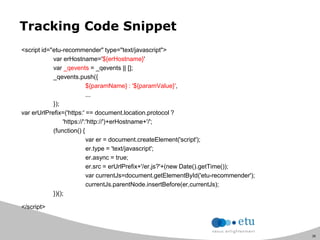 36
Tracking Code Snippet
<script id="etu-recommender" type="text/javascript">
var erHostname='${erHostname}'
var _qevents = _qevents || [];
_qevents.push({
${paramName} : '${paramValue}',
...
});
var erUrlPrefix=('https:' == document.location.protocol ?
'https://':'http://')+erHostname+'/';
(function() {
var er = document.createElement('script');
er.type = 'text/javascript';
er.async = true;
er.src = erUrlPrefix+'/er.js?'+(new Date().getTime());
var currentJs=document.getElementById('etu-recommender');
currentJs.parentNode.insertBefore(er,currentJs);
})();
</script>
 