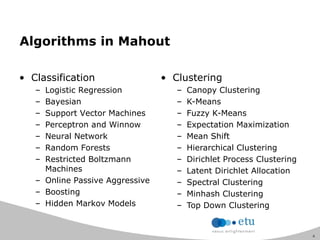 6
Algorithms in Mahout
• Classification
– Logistic Regression
– Bayesian
– Support Vector Machines
– Perceptron and Winnow
– Neural Network
– Random Forests
– Restricted Boltzmann
Machines
– Online Passive Aggressive
– Boosting
– Hidden Markov Models
• Clustering
– Canopy Clustering
– K-Means
– Fuzzy K-Means
– Expectation Maximization
– Mean Shift
– Hierarchical Clustering
– Dirichlet Process Clustering
– Latent Dirichlet Allocation
– Spectral Clustering
– Minhash Clustering
– Top Down Clustering
 
