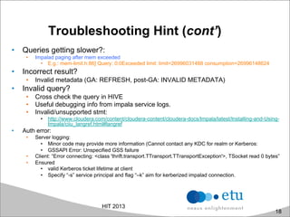 Troubleshooting Hint (cont’)
•  Queries getting slower?:
•  Impalad paging after mem exceeded
•  E.g.: mem-limit.h:86] Query: 0:0Exceeded limit: limit=26996031488 consumption=26996148624
•  Incorrect result?
•  Invalid metadata (GA: REFRESH, post-GA: INVALID METADATA)
•  Invalid query?
•  Cross check the query in HIVE
•  Useful debugging info from impala service logs.
•  Invalid/unsupported stmt:
•  http://www.cloudera.com/content/cloudera-content/cloudera-docs/Impala/latest/Installing-and-Using-
Impala/ciiu_langref.html#langref
•  Auth error:
•  Server logging:
•  Minor code may provide more information (Cannot contact any KDC for realm or Kerberos:
•  GSSAPI Error: Unspecified GSS failure
•  Client: “Error connecting: <class 'thrift.transport.TTransport.TTransportException'>, TSocket read 0 bytes”
•  Ensured
•  valid Kerberos ticket lifetime at client
•  Specify “-s” service principal and flag “–k” aim for kerberized impalad connection.
HIT 2013
18
 