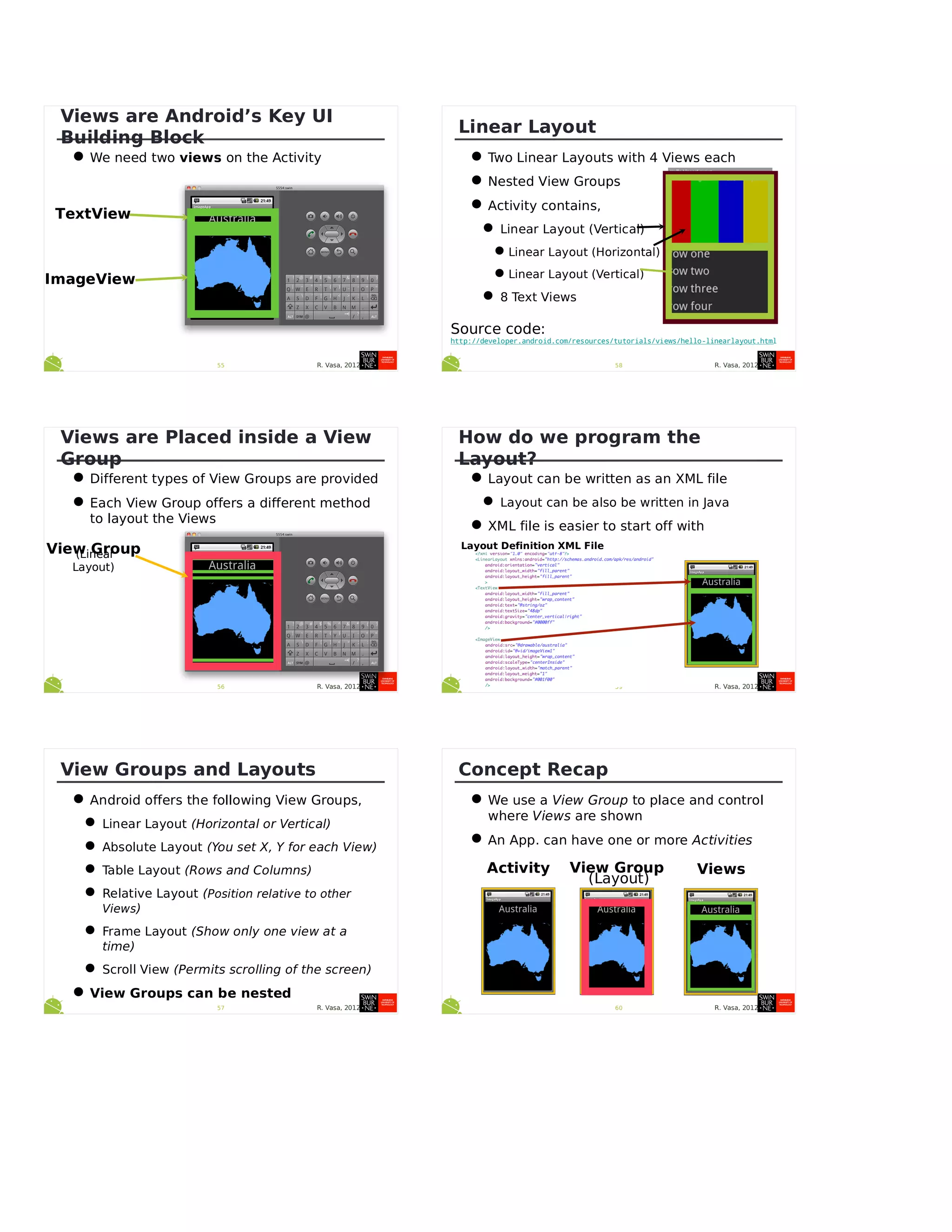 R. Vasa, 201255
Views are Android’s Key UI
Building Block
•We need two views on the Activity
TextView
ImageView
R. Vasa, 201256
Views are Placed inside a View
Group
•Different types of View Groups are provided
•Each View Group offers a different method
to layout the Views
View Group(Linear
Layout)
R. Vasa, 201257
View Groups and Layouts
•Android offers the following View Groups,
•Linear Layout (Horizontal or Vertical)
•Absolute Layout (You set X, Y for each View)
•Table Layout (Rows and Columns)
•Relative Layout (Position relative to other
Views)
•Frame Layout (Show only one view at a
time)
•Scroll View (Permits scrolling of the screen)
•View Groups can be nested
R. Vasa, 201258
Linear Layout
•Two Linear Layouts with 4 Views each
•Nested View Groups
•Activity contains,
•Linear Layout (Vertical)
•Linear Layout (Horizontal)
•Linear Layout (Vertical)
•8 Text Views
Source code:
http://developer.android.com/resources/tutorials/views/hello-linearlayout.html
R. Vasa, 201259
How do we program the
Layout?
•Layout can be written as an XML file
•Layout can be also be written in Java
•XML file is easier to start off with
Layout Definition XML File
R. Vasa, 201260
Concept Recap
•We use a View Group to place and control
where Views are shown
•An App. can have one or more Activities
Activity View Group Views
(Layout)
 