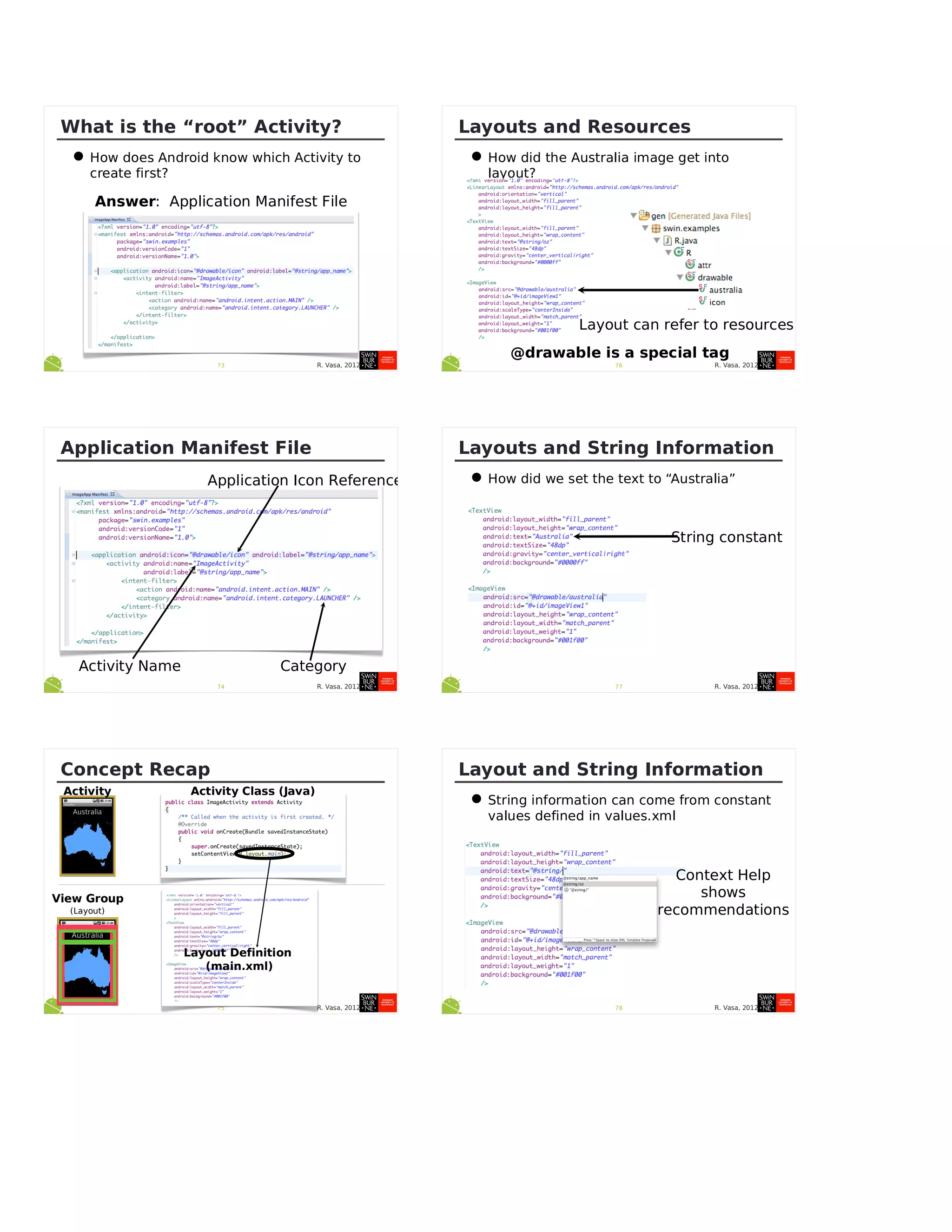 R. Vasa, 201273
What is the “root” Activity?
•How does Android know which Activity to
create first?
Answer: Application Manifest File
R. Vasa, 201274
Application Manifest File
Activity Name
Application Icon Reference
Category
R. Vasa, 201275
Concept Recap
Activity
View Group
(Layout)
Activity Class (Java)
Layout Definition
(main.xml)
R. Vasa, 201276
Layouts and Resources
•How did the Australia image get into
layout?
Layout can refer to resources
@drawable is a special tag
R. Vasa, 201277
Layouts and String Information
•How did we set the text to “Australia”
String constant
R. Vasa, 201278
Layout and String Information
•String information can come from constant
values defined in values.xml
Context Help
shows
recommendations
 