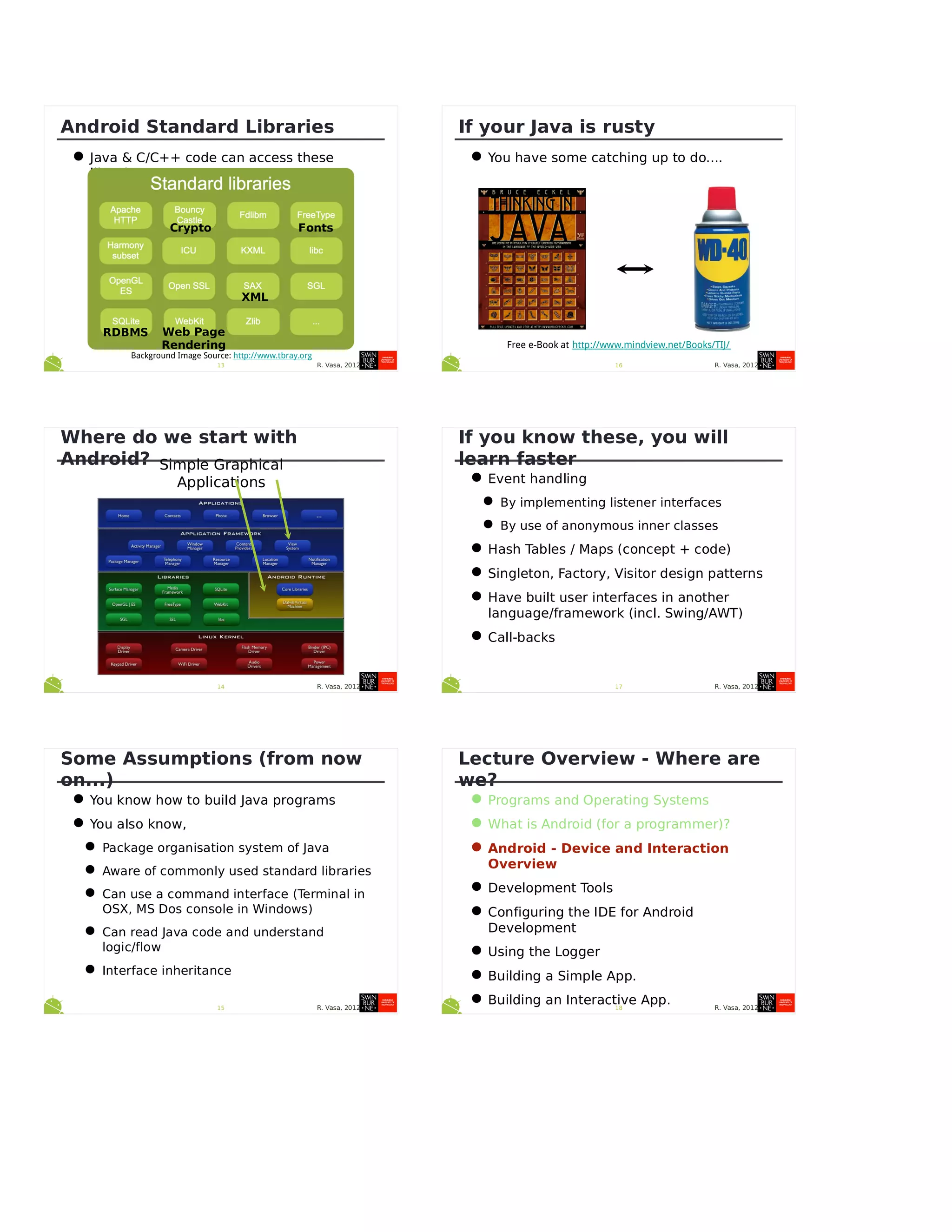 R. Vasa, 201213
Android Standard Libraries
•Java & C/C++ code can access these
libraries
Background Image Source: http://www.tbray.org
RDBMS Web Page
Rendering
XML
FontsCrypto
R. Vasa, 201214
Where do we start with
Android? Simple Graphical
Applications
R. Vasa, 201215
Some Assumptions (from now
on...)
•You know how to build Java programs
•You also know,
•Package organisation system of Java
•Aware of commonly used standard libraries
•Can use a command interface (Terminal in
OSX, MS Dos console in Windows)
•Can read Java code and understand
logic/flow
•Interface inheritance
R. Vasa, 201216
If your Java is rusty
•You have some catching up to do....
Free e-Book at http://www.mindview.net/Books/TIJ/
R. Vasa, 201217
If you know these, you will
learn faster
•Event handling
•By implementing listener interfaces
•By use of anonymous inner classes
•Hash Tables / Maps (concept + code)
•Singleton, Factory, Visitor design patterns
•Have built user interfaces in another
language/framework (incl. Swing/AWT)
•Call-backs
R. Vasa, 201218
Lecture Overview - Where are
we?
•Programs and Operating Systems
•What is Android (for a programmer)?
•Android - Device and Interaction
Overview
•Development Tools
•Configuring the IDE for Android
Development
•Using the Logger
•Building a Simple App.
•Building an Interactive App.
 