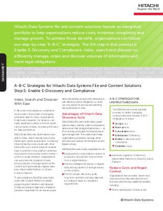 Hitachi Data Systems file and content solutions feature an integrated
portfolio to help organizations reduce costs, minimize complexity and
manage growth. To achieve those benefits, organizations can follow
our step-by-step “A-B-C” strategies. The 5th step in that process is
Enable E-Discovery and Compliance: Index, search and discover to
efficiently manage, retain and discover volumes of information and
meet legal obligations.
Transform Virtualization Economics Reliable Trusted Innovate Informa-
tion Global Change Intelligent Technology Services Value Insight Op-
portunity Social Infrastructure Integrate Analyze Discover Competitive
DATASHEET
Index, Search and Discover
With Ease
E-discovery and regulatory compliance
issues add to the burden of managing
enterprise data for many organizations.
E-discovery requests, for instance, can
easily duplicate or place a hold on signifi-
cant amounts of data, increasing the need
for data persistence.
Hitachi Data Discovery Suite makes it pos-
sible to index, search and discover across
the file and content environment. Combining
Hitachi Data Discovery Suite with other
Hitachi file and content solutions enables
easy-to-perform cross-platform searches
of production and archive environments —
all from a single interface. Organizations
can automate the migration of data
among classes of storage based on file
content and automatically migrate data
from Hitachi NAS Platform to Hitachi
Content Platform.
To aid compliance, Data Discovery Suite
works with Content Platform to enable
proper long-term retention and disposal
of data according to legal and compliance
practices. Organizations can ensure proper
A-B-C Strategies for Hitachi Data Systems File and Content Solutions
Step 5: Enable E-Discovery and Compliance
The HDS file and content solutions
process for better managing
unstructured data involves A-B-C
strategies in 6 steps:
■■ Archive 1st.
■■ Back up less.
■■ Consolidate more.
■■ Distributed IT efficiency.
■■ Enable e-discovery and
compliance.
■■ Facilitate cloud.
A-B-C Strategies for
Unstructured Data
data stewardship and promote data privacy
with directory service integration, so users
can only search for and access data they
have permission to view.
Advantages of Hitachi Data
Discovery Suite
Hitachi Data Discovery Suite helps organi-
zations search, identify, collect and preserve
data across their storage infrastructure — all
from one secure location for improved stor-
age management. The solution also helps
organizations proactively manage, retain
and discover volumes of information and be
litigation ready.
With Data Discovery Suite, organizations can:
■■ Easily perform cross-platform search of
production and archive environments
from a single interface.
■■ Perform intelligent file tiering to migrate
data among classes of storage based
on file content.
■■ Perform proper discovery, audit,
long-term retention and data disposal
according to legal or compliance
requirements.
■■ Automate migration of data from
Hitachi NAS Platform to Hitachi Content
Platform.
Reduce Costs and Regain
Control
Organizations that can index, search and
discover across their entire file and con-
tent environment enjoy significant benefits,
including:
■■ Faster identification of data at risk.
 