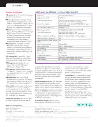 DATASHEET
Corporate Headquarters
2845 Lafayette Street
Santa Clara, CA 96050-2639 USA
www.HDS.com
Regional Contact Information
Americas: +1 408 970 1000 or info@hds.com
Europe, Middle East and Africa: +44 (0) 1753 618000 or info.emea@hds.com
Asia Pacific: +852 3189 7900 or hds.marketing.apac@hds.com
© Hitachi Data Systems Corporation 2013. All rights reserved. HITACHI is a trademark of Hitachi, Ltd.
Notice: This document is for informational purposes only, and does not set forth any warranty, expressed or implied, concerning any equipment or service offered or to be offered by
Hitachi Data Systems Corporation.
DS-160-D DG February 2013
Feature Highlights
3-D scaling allows for optimal infrastructure
growth in all dimensions.
■■ Scale up to meet increasing demands
by dynamically adding processors, con-
nectivity and capacity in a single unit. This
gives you optimal performance for open
systems and mainframe environments.
■■ Scale out to meet demands by dynami-
cally combining multiple units into a single
logical system with shared resources.
Support increased needs in virtualized
server environments and ensure safe
multitenancy and quality of service
through partitioning of cache and ports.
■■ Scale deep to extend the advanced
functions of Hitachi Virtual Storage
Platform to multivendor storage through
virtualization. Offload less-critical data to
external tiers; optimize availability of Tier
1 resources.
3-D management is enabled by Hitachi
Command Suite efficiencies, which lower
costs and properly manage all data types.
■■ Manage up capabilities unify man-
agement and scale to the largest
infrastructure deployments.
■■ Manage out features deliver a single
management framework with the breadth
to manage storage, servers and the IT
infrastructure.
■■ Manage deep with Hitachi Virtual
Storage Platform integration for the high-
est operational efficiency and up to 50%
time savings for storage management.
Data mobility functions give you the fastest
way to move to new storage with host-
transparent migration. Lower operational
risks with advanced data replication topolo-
gies. Increase performance and lower cost
with automated data placement.
Unmatched efficiency gives you the high-
est capacity available in the least space,
and automates data placement for higher
performance and lower cost. It also shares
a single image global cache across all virtual
storage directors for maximum performance,
the lowest power consumption per capac-
ity stored, and faster and simpler storage
management.
Dynamic tiering automates data placement
for higher performance and lower cost. It
places the right data in the right place at the
right time with no performance degradation.
Server virtualization integration with leading
virtual server platforms delivers end-to-end
visibility from individual virtual machine to
storage logical unit and protects large-scale
multivendor environments.
Sustainable design allows up to 40%
better capacity per square foot and 48%
lower power consumption per terabyte
compared to the previous generation.
Plus, Hitachi Dynamic Provisioning enables
greater capacity utilization.
Data resilience is supported with in-system
data replication and protection across multi-
ple data centers using unique journal-based
replication. It includes integrated protection
frameworks that are hypervisor agnostic. It
also offers application-aware replication man-
agement, enhanced encryption and advanced
security management to protect data.
Mainframe enhancements enable virtual
storage tiering to improve data management
efficiency and advanced replication to reduce
risk through superior data protection.
HITACHI VIRTUAL STORAGE PLATFORM SPECIFICATIONS
Architecture Hierarchical star network
Aggregate Bandwidth 192GB/sec
Host Interfaces (maximum) 192 Fibre Channel: 8Gb/sec, 192 FICON: 8Gb/sec
88 Fibre Channel over Ethernet: 10Gb/sec
Internal Raw Capacity 3,759TB (3TB 3.5” NL-SAS), 1,770TB (900GB 2.5” SAS)
338TB (1.6TB FMD)
Internal and External Capacity 255PB (maximum)
Flash Storage Options 200GB 2.5” SAS, 400GB 2.5” SAS 1.6TB FMD
Hard Disk Drive Options 146GB 2.5” SAS, 300GB 2.5” SAS
600GB 2.5” SAS, 900GB 2.5” SAS, 3TB 3.5” SAS
Minimum to Maximum Hard Drives 0–2,048 2.5" and/or 0–1,280 3.5" including spares
Maximum Number Flash Drives 256
Maximum Number of Flash Modules
(FMD)
192
Back-End Disk Interface 6Gb/sec SAS
RAID Configurations RAID-1, RAID-5, RAID-6
Cache Options 32GB to 1TB
Maximum LUNs 65,280
Volume Size 4MB to 60TB
Virtual Storage Machines 32 (maximum)
High Reliability Redundant power supplies, fans, batteries
High Availability N+1 architecture, controller clustering
Note: All capacities are based on 1GB = 1,000,000,000 bytes; 1TB = 1000GB
 