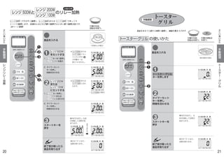 1. レンジ キーを1度押し
を選ぶ
2
オート
レンジ オーブントースター・グリル
強中弱あたため
あたため
スタート
牛 乳
トースト
2度押しは解凍あたため
レンジ
グリル
オーブン
トースター
10分
とりけし
仕上がり
温度
2
1
3
2
（ の場合）
分
秒
℃
時
分
M
予熱 発酵
g杯
20
手
動
調
理
正
し
い
使
い
か
た
レ
ン
ジ
リ
レ
ー
加
熱
食品を入れる
終了音が鳴ったら
食品を取り出す
表示が“0”になり、
加熱が終ります。
（冷凍めんの場合）
スタートキーを
押す
をセットする
※     または 
にセッ
トしたときは、
の手動キーは
受けつけません。
2. タイマーセット
キーを押し
時間を合わせる
または
にセットする
1. レンジ キーを押し
または
に合わせる
※     または 
に合わ
せます。
2. タイマーセット
キーを押し
時間を合わせる
分
秒
℃
時
分
M
予熱 発酵
g杯
分
秒
℃
時
分
M
予熱 発酵
g杯
分
秒
℃
時
分
M
予熱 発酵
g杯
分
秒
℃
時
分
M
予熱 発酵
g杯
分
秒
℃
時
分
M
予熱 発酵
g杯
分
秒
℃
時
分
M
予熱 発酵
g杯
1
1
2
2
庫内灯が点灯し、丸皿
が回転して加熱が始
まります。 途
中
で
変
わ
る
レンジ 500Ｗ
レンジ 500Ｗ
レンジ 200Ｗ
レンジ 100Ｗ
ですばやく加熱し、 または      でゆっくり
じっくり加熱します。冷凍めんなどを手動で加熱するときに使う加熱方法です。
（29ページ参照） （00ページ参照）
レンジ 100W500W
レンジ
と     のリレー加熱500Wレンジ
自動切換
200W
100Wレンジ
レンジ 200W レンジ
レンジ 200Ｗ
レンジ 100Ｗ
レンジ 200Ｗ
レンジ 100Ｗ
レンジ 200Ｗ
レンジ 100W
レンジ 200W
2
3
1
付属の丸皿、
回転台を使う。
1
1
2
3
オート
レンジ オーブントースター・グリル
強中弱あたため
あたため
スタート
牛 乳
トースト
2度押しは解凍あたため
レンジ
グリル
オーブン
トースター
10分
とりけし
仕上がり
温度
21
手
動
調
理
正
し
い
使
い
か
た
ト
ー
ス
タ
ー
・
グ
リ
ル
の使いかた
食品を入れる
終了音が鳴ったら
食品を取り出す
表示が“0”になり、
加熱が終ります。
庫内灯が点灯し、丸
皿が回転して加熱が
始まります。
（鮭の塩焼きの場合）
タイマーセット
キーを押し
時間を合わせる
スタートキーを
押す
トースター・グリル 付属の回転台
を使う。
分
秒
℃
時
分
M
予熱 発酵
g杯
分
秒
℃
時
分
M
予熱 発酵
g杯
トースター・グリル
キーを押します
トースター
グリル
手動調理
分
秒
℃
時
分
M
予熱 発酵
g杯
分
秒
℃
時
分
M
予熱 発酵
g杯
食品をおもてと裏から同時に加熱し、両面を焼き上げます。
1
3
2
付属の丸皿、
回転台を使う。
 