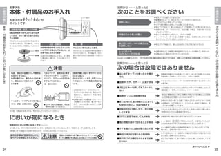 24
ご
使
用
の
後
に
本
体
・
付
属
品
の
お
手
入
れ
／
に
お
い
が
気
に
な
る
と
き
パネルやドア、加熱室などをオ
ーブンクリーナー、シンナー、
ベンジン、スプレーのガラスみ
がきなどでふかない。
（傷・変形の恐れ）
★化学ぞうきんの使用は、その注
意書きに従ってください。
丸皿、回転台は金属たわしや鋭利な
ものでこすらない。
丸皿は傷がつき、割れやすくなりま
す。回転台はさびることが
あります。
キャビネットやドアに水をかけない。
（さび、感電、故障の原因）
加熱室内壁に食品くずや汁をつけた
ままにしない。
汚れがとりにくくなり、火花（スパー
ク）が出たり、さびや悪臭の原因にな
ります。
● 加熱室側面のカバーの汚れがひどく、
汚れがとれない場合には、販売店にご
相談のうえ、側面のカバーを取り替え
てください。
● 加熱室底面には抗菌脱臭ブラックコー
ト処理がしてあります。傷つきやすい 
ので、たわしなど固いものでこすらな
いでください。
においが気になるとき
加熱室のにおいが気になるときは・・・・・・・
魚を焼いた後、すぐに別の料理をするときや、加熱室のにおいが気になるときに、空焼き（オーブン加熱）をします。
加熱室に残った食品カスは取れませんので、あらかじめふきとってください。
操作の手順は「空焼きのしかた」
9ページを参照してください。
回転台を両手で持ち上げて取りはず
してから、かたく絞ったぬれぶきん
でふきます。
汚れがひどいときは台所用中性洗剤をつ
けた布でふきとり、その後必ず、かたく
絞ったぬれぶきんで洗剤をよくふきとり
ます。
お手入れ
本体・付属品のお手入れ
お手入れはすぐにこまめにが
ポイントです。
丸皿・回転台
台所用中性洗剤をつけたスポンジた
わしで汚れを落として水洗いし、水
気を十分にふきとります。
丸皿の汚れが落ちないときは、水で薄め
た漂白剤に一晩つけ、十分水洗いしてく
ださい。
やわらかい布でふきとります。
汚れがひどいときは台所用中性洗剤をつ
けた布でふきとり、その後必ず、かたく
絞ったぬれぶきんで洗剤をよくふきとり
ます。
カバー
回転台
回転軸
注意 「空焼き」の加熱中や終了後しばらくは、ドア、キャビ
ネット、加熱室、その周辺にふれない。（やけどの原因）
加熱室内壁・前面・ドア内側
外  側
注意
※本体、付属品のお手入れは、充分冷ましてから行ってください。
■    キーを押してもスタートし
ない
■終了音が鳴って残り時間が（ ）になって
も庫内灯が点灯し、食品が回転する
故障かな・・・・・と思ったら
次のことをお調べください
料理のできぐあいが悪い
● 調理の手順、ラップのかけかた、食品の量、付属品、容器の使いかたな
どは正しいですか。
● 壁と近づきすぎていませんか。（4ページ参照）
● ケーキやクッキーをくり返して調理する場合、丸皿を冷ましてからご使
用ください。こげすぎることがあります。
レンジのとき
火花（スパーク）が出る
● 加熱室壁などに金属製の調理道具やアルミホイルが触れていませんか。
● 回転台などに食品カスがついていませんか。
表示窓にＨ21、Ｈ41の表示が出
て加熱しない
● 差込プラグを抜いて、差し込みなおしても正常になりませんか。
以上のことをお調べいただき、それでも具合が悪い場合は直ちに差込プラグを抜き、お買い上げの販売店に修理を依頼してください。
故障かな・・・・・と思ったら
次の場合は故障ではありません
あたため
■回転台が右に回転したり、左に回転
したりする
スタートするときのタイミングにより、右または左に回転します。
（料理の仕上がりには影響ありません。）
■加熱中「ブン」と断続音がする
■加熱中「カチ、カチ・・・」と音がする
マイコンがレンジとヒーターなどの切り替えをするときのスイッ
チ音です。
■はじめてオーブンを使ったとき煙が
でた
加熱室は防錆のため油を塗っています。はじめてお使いのときは、
空焼きをして油をとってください。（9ページ参照）
加熱始めに食品を置いた位置に、回転を止めるためです。（8ページ参照）
※加熱途中、ドアを開けたり、とりけしキーを押した場合は、そ
のときの位置で止まります。
ドアを閉めてから10分以上過ぎています。ドアを開閉しなおして
キーを押してください。（10ページ参照）
■220℃に設定できないことがある 加熱室が熱い場合の最大設定温度は200℃になります。
次ページへつづく▼
▼
■残り時間が途中で変わることがある
■ドアを開けると加熱が取り消される
オート調理では残りの加熱時間を表示していないときにドアを
開けると、加熱が取り消されます。
加熱しない
のときの断続作動音です。
オート調理と     （予熱なし）のとき、料理を上手に仕上げ
るため加熱途中で残りの加熱時間が変わることがあります。
オーブン
● 差込プラグが抜けていませんか。
● 配電盤のヒューズ、またはブレーカーが切れていませんか。
● ドアはきちんと閉まっていますか。
● ドアを開け閉めしなおしても正常になりませんか。
● 差込プラグを抜いて、差し込みなおしてドアを開閉しても正常になりませんか。
ご
使
用
の
後
に
次
の
こ
と
を
お
調
べ
く
だ
さ
い
／
次
の
場
合
は
故
障
で
は
あ
り
ま
せ
ん
■庫内灯の明るさが変わるときがある
レンジ加熱とヒーター加熱のとき庫内灯の明るさが変わることが
あります。故障ではありません。
あたため
1牛乳 3生解凍 4冷凍ピラフ 5冷凍めんあたため 解凍あたため
25
レンジ 500W
レンジ 200W レンジ 100W
■表示窓に「 」が表示されたままで加熱
されない
差込プラグを抜いて、約10秒たってから、差し込みなおしてくだ
さい。
 