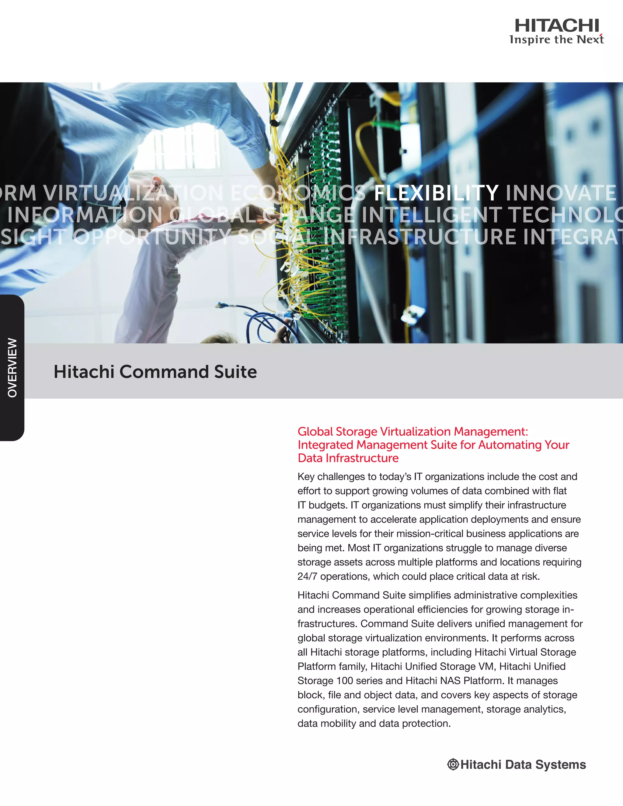 Hitachi Command Suite
Global Storage Virtualization Management:
Integrated Management Suite for Automating Your
Data Infrastructure
Key challenges to today’s IT organizations include the cost and
effort to support growing volumes of data combined with flat
IT budgets. IT organizations must simplify their infrastructure
management to accelerate application deployments and ensure
service levels for their mission-critical business applications are
being met. Most IT organizations struggle to manage diverse
storage assets across multiple platforms and locations requiring
24/7 operations, which could place critical data at risk.
Hitachi Command Suite simplifies administrative complexities
and increases operational efficiencies for growing storage in-
frastructures. Command Suite delivers unified management for
global storage virtualization environments. It performs across
all Hitachi storage platforms, including Hitachi Virtual Storage
Platform family, Hitachi Unified Storage VM, Hitachi Unified
Storage 100 series and Hitachi NAS Platform. It manages
block, file and object data, and covers key aspects of storage
configuration, service level management, storage analytics,
data mobility and data protection.
OVERVIEW
 