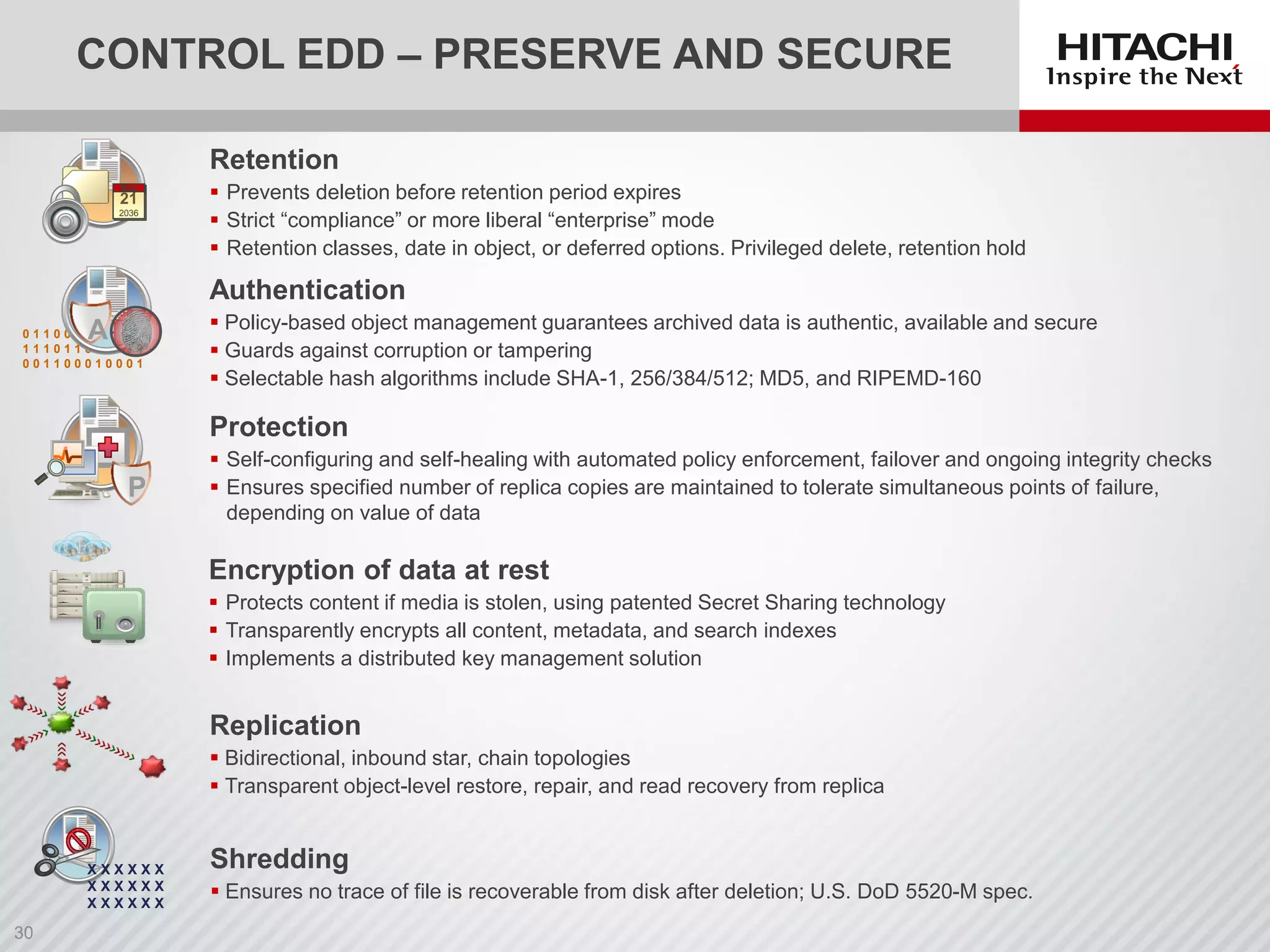 P
21
May
21
2036
May
Authentication
 Policy-based object management guarantees archived data is authentic, available and secure
 Guards against corruption or tampering
 Selectable hash algorithms include SHA-1, 256/384/512; MD5, and RIPEMD-160
0 1 1 0 0 1 1 0 0 1 0 1
1 1 1 0 1 1 0 1 1 1 0 0
0 0 1 1 0 0 0 1 0 0 0 1
A
Retention
 Prevents deletion before retention period expires
 Strict “compliance” or more liberal “enterprise” mode
 Retention classes, date in object, or deferred options. Privileged delete, retention hold
Protection
 Self-configuring and self-healing with automated policy enforcement, failover and ongoing integrity checks
 Ensures specified number of replica copies are maintained to tolerate simultaneous points of failure,
depending on value of data
CONTROL EDD – PRESERVE AND SECURE
Encryption of data at rest
 Protects content if media is stolen, using patented Secret Sharing technology
 Transparently encrypts all content, metadata, and search indexes
 Implements a distributed key management solution
Replication
 Bidirectional, inbound star, chain topologies
 Transparent object-level restore, repair, and read recovery from replica
Shredding
 Ensures no trace of file is recoverable from disk after deletion; U.S. DoD 5520-M spec.
X X X X X X
X X X X X X
X X X X X X
 