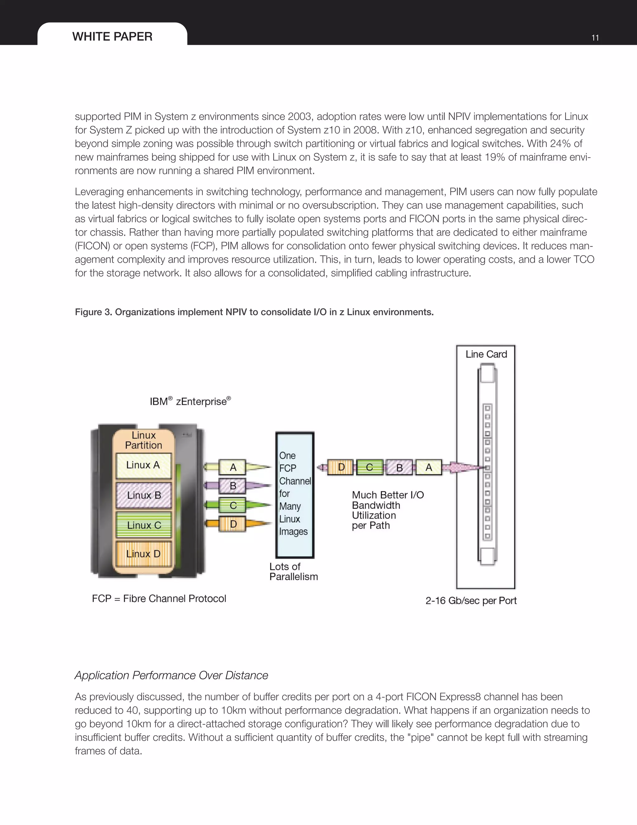 WHITE PAPER 11
supported PIM in System z environments since 2003, adoption rates were low until NPIV implementations for Linux
for System Z picked up with the introduction of System z10 in 2008. With z10, enhanced segregation and security
beyond simple zoning was possible through switch partitioning or virtual fabrics and logical switches. With 24% of
new mainframes being shipped for use with Linux on System z, it is safe to say that at least 19% of mainframe envi-
ronments are now running a shared PIM environment.
Leveraging enhancements in switching technology, performance and management, PIM users can now fully populate
the latest high-density directors with minimal or no oversubscription. They can use management capabilities, such
as virtual fabrics or logical switches to fully isolate open systems ports and FICON ports in the same physical direc-
tor chassis. Rather than having more partially populated switching platforms that are dedicated to either mainframe
(FICON) or open systems (FCP), PIM allows for consolidation onto fewer physical switching devices. It reduces man-
agement complexity and improves resource utilization. This, in turn, leads to lower operating costs, and a lower TCO
for the storage network. It also allows for a consolidated, simplified cabling infrastructure.
Figure 3. Organizations implement NPIV to consolidate I/O in z Linux environments.
Application Performance Over Distance
As previously discussed, the number of buffer credits per port on a 4-port FICON Express8 channel has been
reduced to 40, supporting up to 10km without performance degradation. What happens if an organization needs to
go beyond 10km for a direct-attached storage configuration? They will likely see performance degradation due to
insufficient buffer credits. Without a sufficient quantity of buffer credits, the "pipe" cannot be kept full with streaming
frames of data.
 