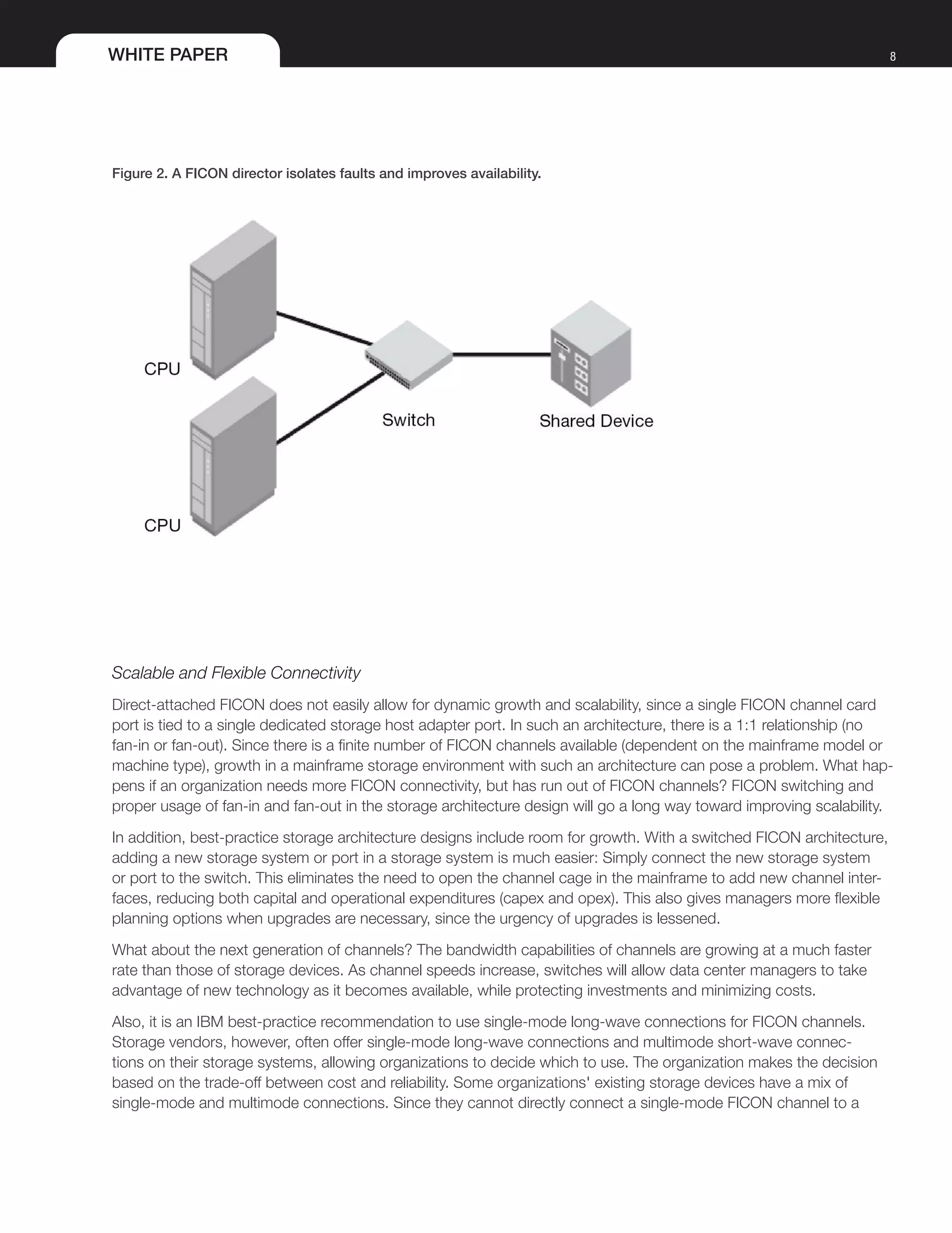 WHITE PAPER 8
Figure 2. A FICON director isolates faults and improves availability.
Scalable and Flexible Connectivity
Direct-attached FICON does not easily allow for dynamic growth and scalability, since a single FICON channel card
port is tied to a single dedicated storage host adapter port. In such an architecture, there is a 1:1 relationship (no
fan-in or fan-out). Since there is a finite number of FICON channels available (dependent on the mainframe model or
machine type), growth in a mainframe storage environment with such an architecture can pose a problem. What hap-
pens if an organization needs more FICON connectivity, but has run out of FICON channels? FICON switching and
proper usage of fan-in and fan-out in the storage architecture design will go a long way toward improving scalability.
In addition, best-practice storage architecture designs include room for growth. With a switched FICON architecture,
adding a new storage system or port in a storage system is much easier: Simply connect the new storage system
or port to the switch. This eliminates the need to open the channel cage in the mainframe to add new channel inter-
faces, reducing both capital and operational expenditures (capex and opex). This also gives managers more flexible
planning options when upgrades are necessary, since the urgency of upgrades is lessened.
What about the next generation of channels? The bandwidth capabilities of channels are growing at a much faster
rate than those of storage devices. As channel speeds increase, switches will allow data center managers to take
advantage of new technology as it becomes available, while protecting investments and minimizing costs.
Also, it is an IBM best-practice recommendation to use single-mode long-wave connections for FICON channels.
Storage vendors, however, often offer single-mode long-wave connections and multimode short-wave connec-
tions on their storage systems, allowing organizations to decide which to use. The organization makes the decision
based on the trade-off between cost and reliability. Some organizations' existing storage devices have a mix of
single-mode and multimode connections. Since they cannot directly connect a single-mode FICON channel to a
 