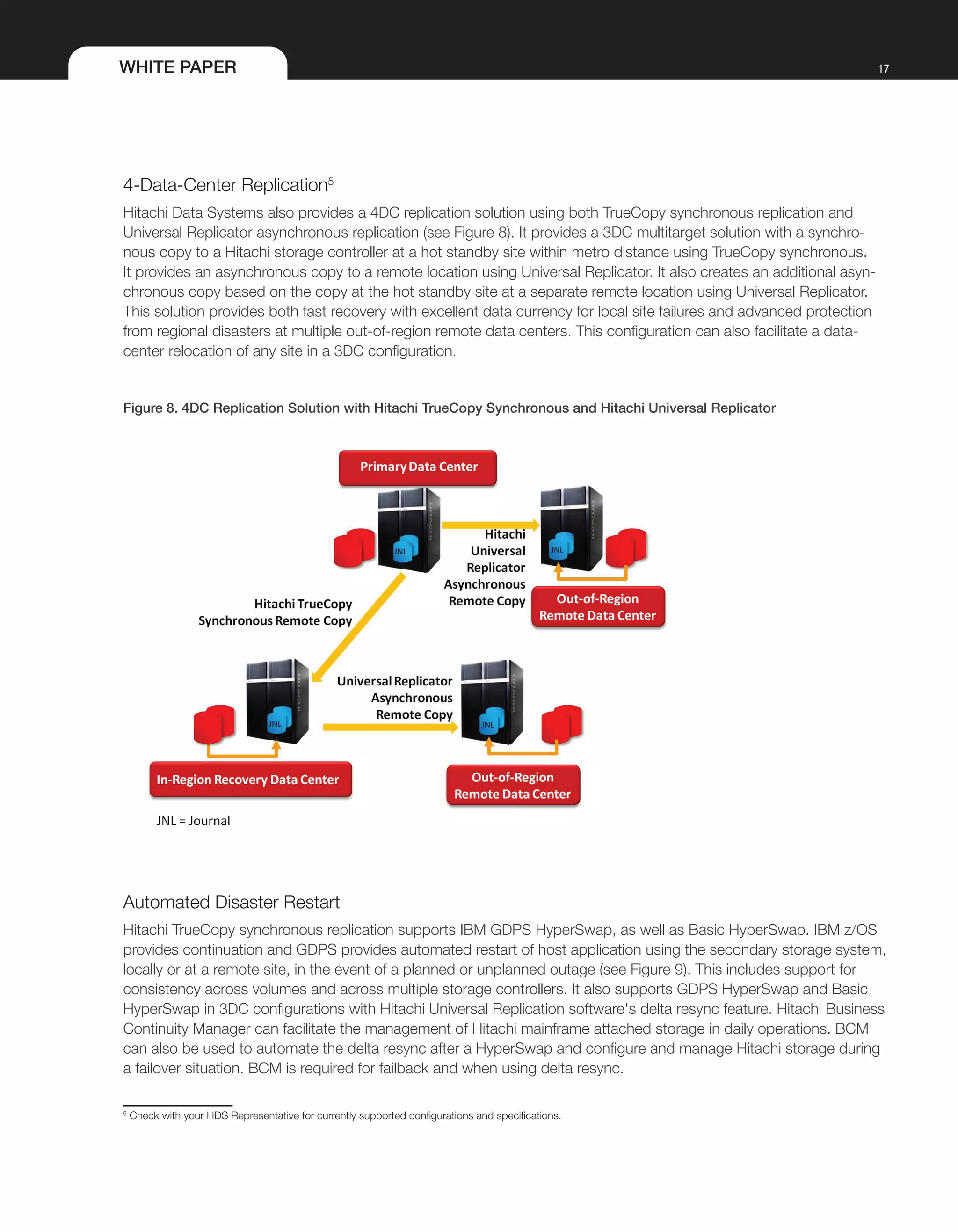 WHITE PAPER 17
4-Data-Center Replication5
Hitachi Data Systems also provides a 4DC replication solution using both TrueCopy synchronous replication and
Universal Replicator asynchronous replication (see Figure 8). It provides a 3DC multitarget solution with a synchro-
nous copy to a Hitachi storage controller at a hot standby site within metro distance using TrueCopy synchronous.
It provides an asynchronous copy to a remote location using Universal Replicator. It also creates an additional asyn-
chronous copy based on the copy at the hot standby site at a separate remote location using Universal Replicator.
This solution provides both fast recovery with excellent data currency for local site failures and advanced protection
from regional disasters at multiple out-of-region remote data centers. This configuration can also facilitate a data-
center relocation of any site in a 3DC configuration.
Figure 8. 4DC Replication Solution with Hitachi TrueCopy Synchronous and Hitachi Universal Replicator
Automated Disaster Restart
Hitachi TrueCopy synchronous replication supports IBM GDPS HyperSwap, as well as Basic HyperSwap. IBM z/OS
provides continuation and GDPS provides automated restart of host application using the secondary storage system,
locally or at a remote site, in the event of a planned or unplanned outage (see Figure 9). This includes support for
consistency across volumes and across multiple storage controllers. It also supports GDPS HyperSwap and Basic
HyperSwap in 3DC configurations with Hitachi Universal Replication software's delta resync feature. Hitachi Business
Continuity Manager can facilitate the management of Hitachi mainframe attached storage in daily operations. BCM
can also be used to automate the delta resync after a HyperSwap and configure and manage Hitachi storage during
a failover situation. BCM is required for failback and when using delta resync.
5
Check with your HDS Representative for currently supported configurations and specifications.
 