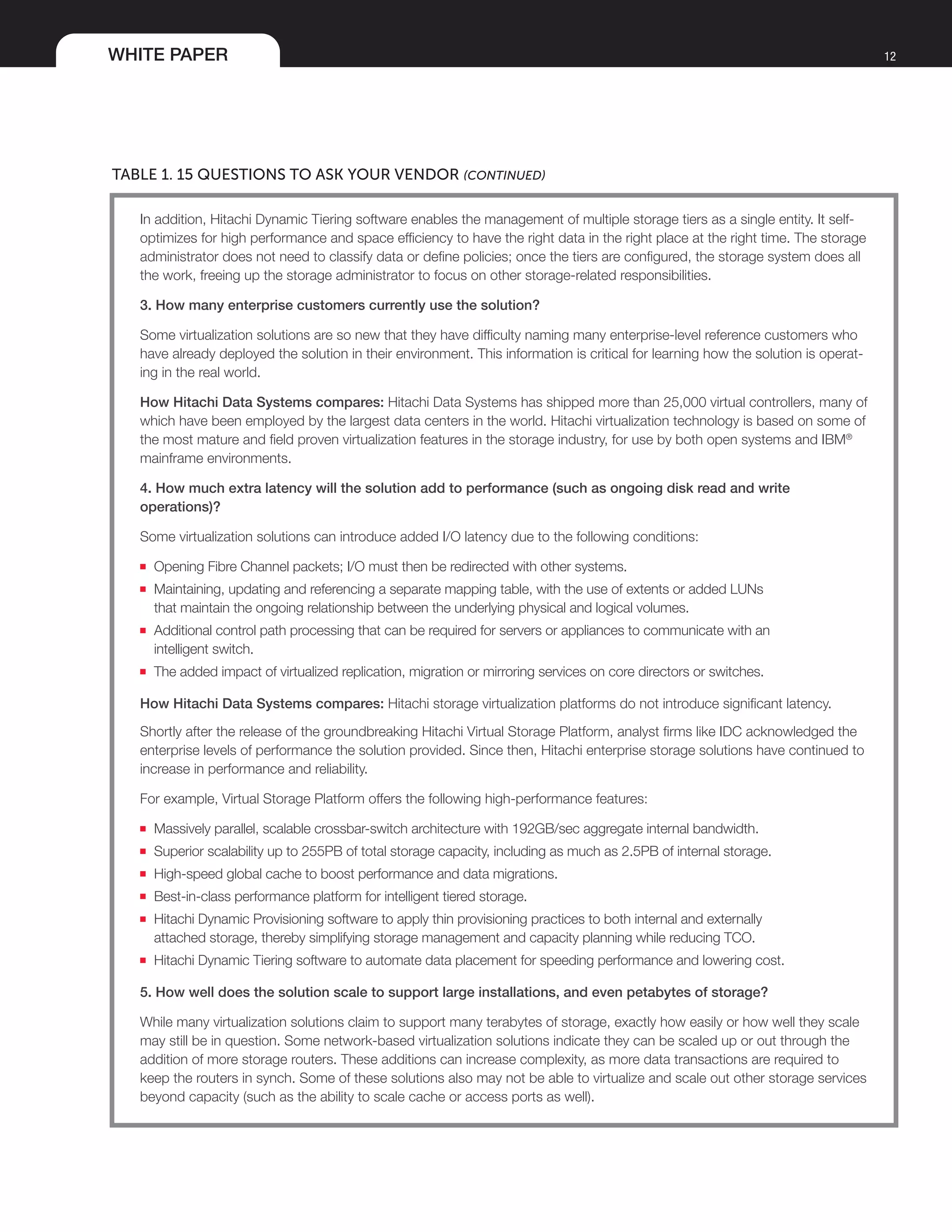 WHITE PAPER 12
TABLE 1. 15 QUESTIONS TO ASK YOUR VENDOR (continued)
In addition, Hitachi Dynamic Tiering software enables the management of multiple storage tiers as a single entity. It self-
optimizes for high performance and space efficiency to have the right data in the right place at the right time. The storage
administrator does not need to classify data or define policies; once the tiers are configured, the storage system does all
the work, freeing up the storage administrator to focus on other storage-related responsibilities.
3. How many enterprise customers currently use the solution?
Some virtualization solutions are so new that they have difficulty naming many enterprise-level reference customers who
have already deployed the solution in their environment. This information is critical for learning how the solution is operat-
ing in the real world.
How Hitachi Data Systems compares: Hitachi Data Systems has shipped more than 25,000 virtual controllers, many of
which have been employed by the largest data centers in the world. Hitachi virtualization technology is based on some of
the most mature and field proven virtualization features in the storage industry, for use by both open systems and IBM®
mainframe environments.
4. How much extra latency will the solution add to performance (such as ongoing disk read and write
operations)?
Some virtualization solutions can introduce added I/O latency due to the following conditions:
■■ Opening Fibre Channel packets; I/O must then be redirected with other systems.
■■ Maintaining, updating and referencing a separate mapping table, with the use of extents or added LUNs
that maintain the ongoing relationship between the underlying physical and logical volumes.
■■ Additional control path processing that can be required for servers or appliances to communicate with an
intelligent switch.
■■ The added impact of virtualized replication, migration or mirroring services on core directors or switches.
How Hitachi Data Systems compares: Hitachi storage virtualization platforms do not introduce significant latency.
Shortly after the release of the groundbreaking Hitachi Virtual Storage Platform, analyst firms like IDC acknowledged the
enterprise levels of performance the solution provided. Since then, Hitachi enterprise storage solutions have continued to
increase in performance and reliability.
For example, Virtual Storage Platform offers the following high-performance features:
■■ Massively parallel, scalable crossbar-switch architecture with 192GB/sec aggregate internal bandwidth.
■■ Superior scalability up to 255PB of total storage capacity, including as much as 2.5PB of internal storage.
■■ High-speed global cache to boost performance and data migrations.
■■ Best-in-class performance platform for intelligent tiered storage.
■■ Hitachi Dynamic Provisioning software to apply thin provisioning practices to both internal and externally
attached storage, thereby simplifying storage management and capacity planning while reducing TCO.
■■ Hitachi Dynamic Tiering software to automate data placement for speeding performance and lowering cost.
5. How well does the solution scale to support large installations, and even petabytes of storage?
While many virtualization solutions claim to support many terabytes of storage, exactly how easily or how well they scale
may still be in question. Some network-based virtualization solutions indicate they can be scaled up or out through the
addition of more storage routers. These additions can increase complexity, as more data transactions are required to
keep the routers in synch. Some of these solutions also may not be able to virtualize and scale out other storage services
beyond capacity (such as the ability to scale cache or access ports as well).
 