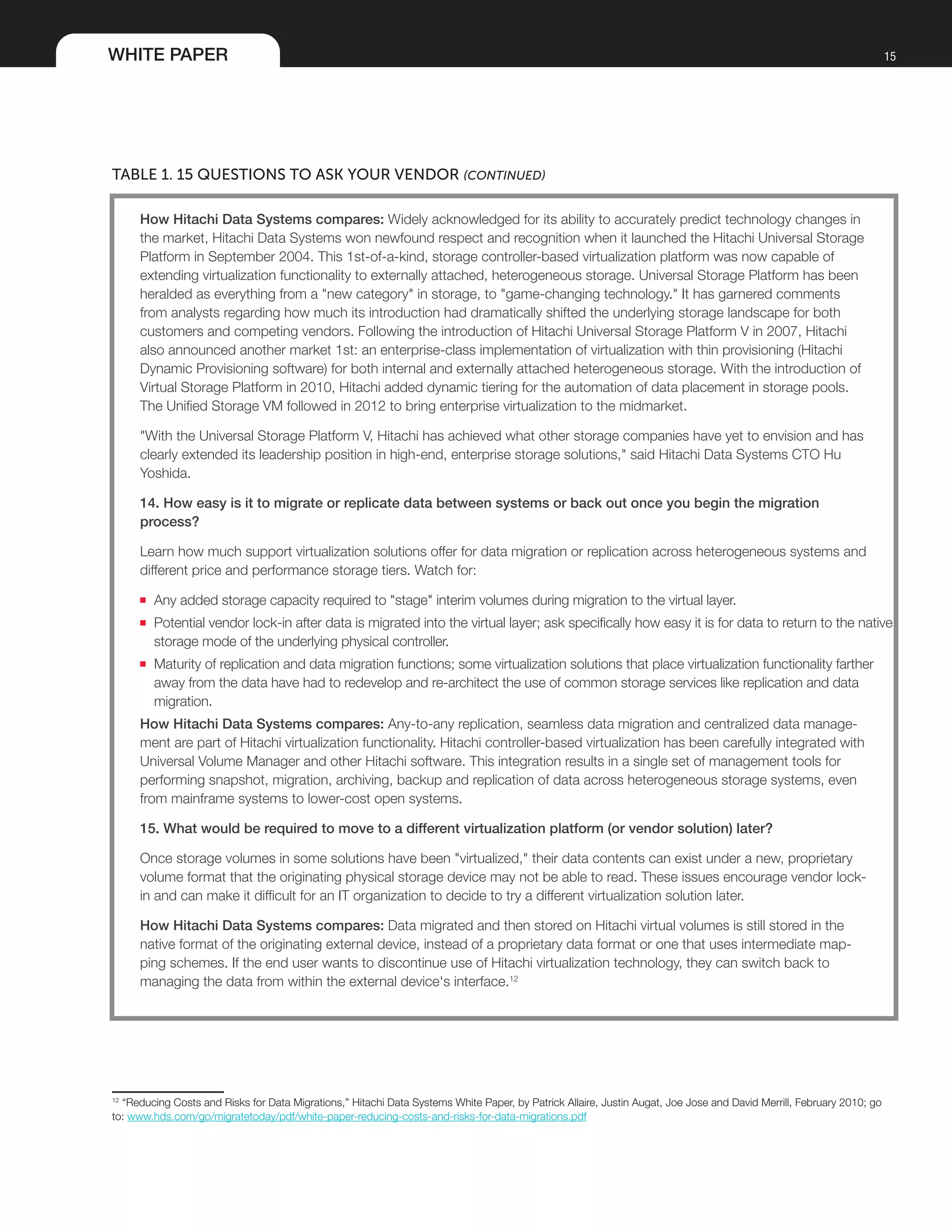 WHITE PAPER 15
TABLE 1. 15 QUESTIONS TO ASK YOUR VENDOR (continued)
How Hitachi Data Systems compares: Widely acknowledged for its ability to accurately predict technology changes in
the market, Hitachi Data Systems won newfound respect and recognition when it launched the Hitachi Universal Storage
Platform in September 2004. This 1st-of-a-kind, storage controller-based virtualization platform was now capable of
extending virtualization functionality to externally attached, heterogeneous storage. Universal Storage Platform has been
heralded as everything from a "new category" in storage, to "game-changing technology." It has garnered comments
from analysts regarding how much its introduction had dramatically shifted the underlying storage landscape for both
customers and competing vendors. Following the introduction of Hitachi Universal Storage Platform V in 2007, Hitachi
also announced another market 1st: an enterprise-class implementation of virtualization with thin provisioning (Hitachi
Dynamic Provisioning software) for both internal and externally attached heterogeneous storage. With the introduction of
Virtual Storage Platform in 2010, Hitachi added dynamic tiering for the automation of data placement in storage pools.
The Unified Storage VM followed in 2012 to bring enterprise virtualization to the midmarket.
"With the Universal Storage Platform V, Hitachi has achieved what other storage companies have yet to envision and has
clearly extended its leadership position in high-end, enterprise storage solutions," said Hitachi Data Systems CTO Hu
Yoshida.
14. How easy is it to migrate or replicate data between systems or back out once you begin the migration
process?
Learn how much support virtualization solutions offer for data migration or replication across heterogeneous systems and
different price and performance storage tiers. Watch for:
■■ Any added storage capacity required to "stage" interim volumes during migration to the virtual layer.
■■ Potential vendor lock-in after data is migrated into the virtual layer; ask specifically how easy it is for data to return to the native
storage mode of the underlying physical controller.
■■ Maturity of replication and data migration functions; some virtualization solutions that place virtualization functionality farther
away from the data have had to redevelop and re-architect the use of common storage services like replication and data
migration.
How Hitachi Data Systems compares: Any-to-any replication, seamless data migration and centralized data manage-
ment are part of Hitachi virtualization functionality. Hitachi controller-based virtualization has been carefully integrated with
Universal Volume Manager and other Hitachi software. This integration results in a single set of management tools for
performing snapshot, migration, archiving, backup and replication of data across heterogeneous storage systems, even
from mainframe systems to lower-cost open systems.
15. What would be required to move to a different virtualization platform (or vendor solution) later?
Once storage volumes in some solutions have been "virtualized," their data contents can exist under a new, proprietary
volume format that the originating physical storage device may not be able to read. These issues encourage vendor lock-
in and can make it difficult for an IT organization to decide to try a different virtualization solution later.
How Hitachi Data Systems compares: Data migrated and then stored on Hitachi virtual volumes is still stored in the
native format of the originating external device, instead of a proprietary data format or one that uses intermediate map-
ping schemes. If the end user wants to discontinue use of Hitachi virtualization technology, they can switch back to
managing the data from within the external device's interface.12
12
“Reducing Costs and Risks for Data Migrations,” Hitachi Data Systems White Paper, by Patrick Allaire, Justin Augat, Joe Jose and David Merrill, February 2010; go
to: www.hds.com/go/migratetoday/pdf/white-paper-reducing-costs-and-risks-for-data-migrations.pdf
 