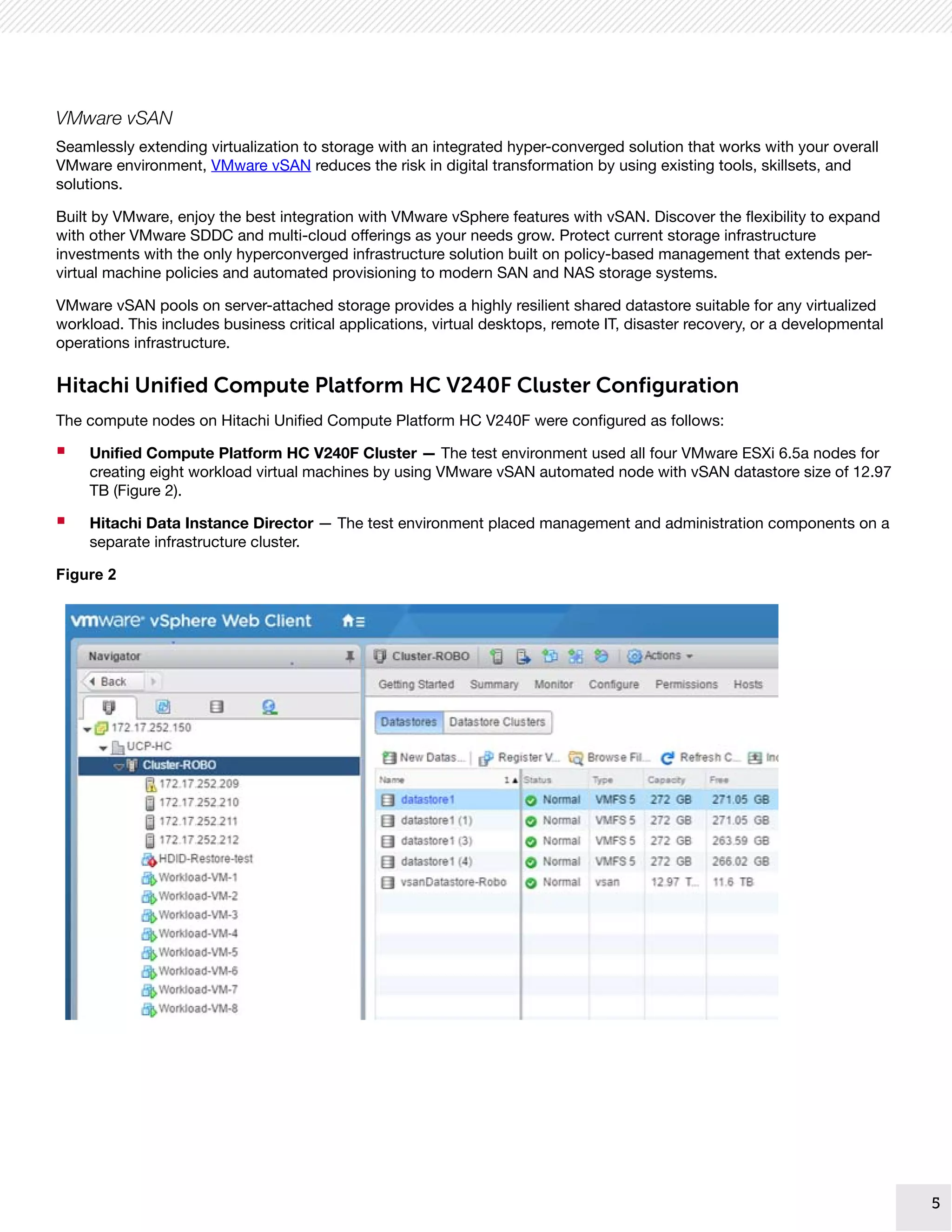 5
5
VMware vSAN
Seamlessly extending virtualization to storage with an integrated hyper-converged solution that works with your overall
VMware environment, VMware vSAN reduces the risk in digital transformation by using existing tools, skillsets, and
solutions.
Built by VMware, enjoy the best integration with VMware vSphere features with vSAN. Discover the flexibility to expand
with other VMware SDDC and multi-cloud offerings as your needs grow. Protect current storage infrastructure
investments with the only hyperconverged infrastructure solution built on policy-based management that extends per-
virtual machine policies and automated provisioning to modern SAN and NAS storage systems.
VMware vSAN pools on server-attached storage provides a highly resilient shared datastore suitable for any virtualized
workload. This includes business critical applications, virtual desktops, remote IT, disaster recovery, or a developmental
operations infrastructure.
Hitachi Unified Compute Platform HC V240F Cluster Configuration
The compute nodes on Hitachi Unified Compute Platform HC V240F were configured as follows:
 Unified Compute Platform HC V240F Cluster — The test environment used all four VMware ESXi 6.5a nodes for
creating eight workload virtual machines by using VMware vSAN automated node with vSAN datastore size of 12.97
TB (Figure 2).
 Hitachi Data Instance Director — The test environment placed management and administration components on a
separate infrastructure cluster.
Figure 2
 