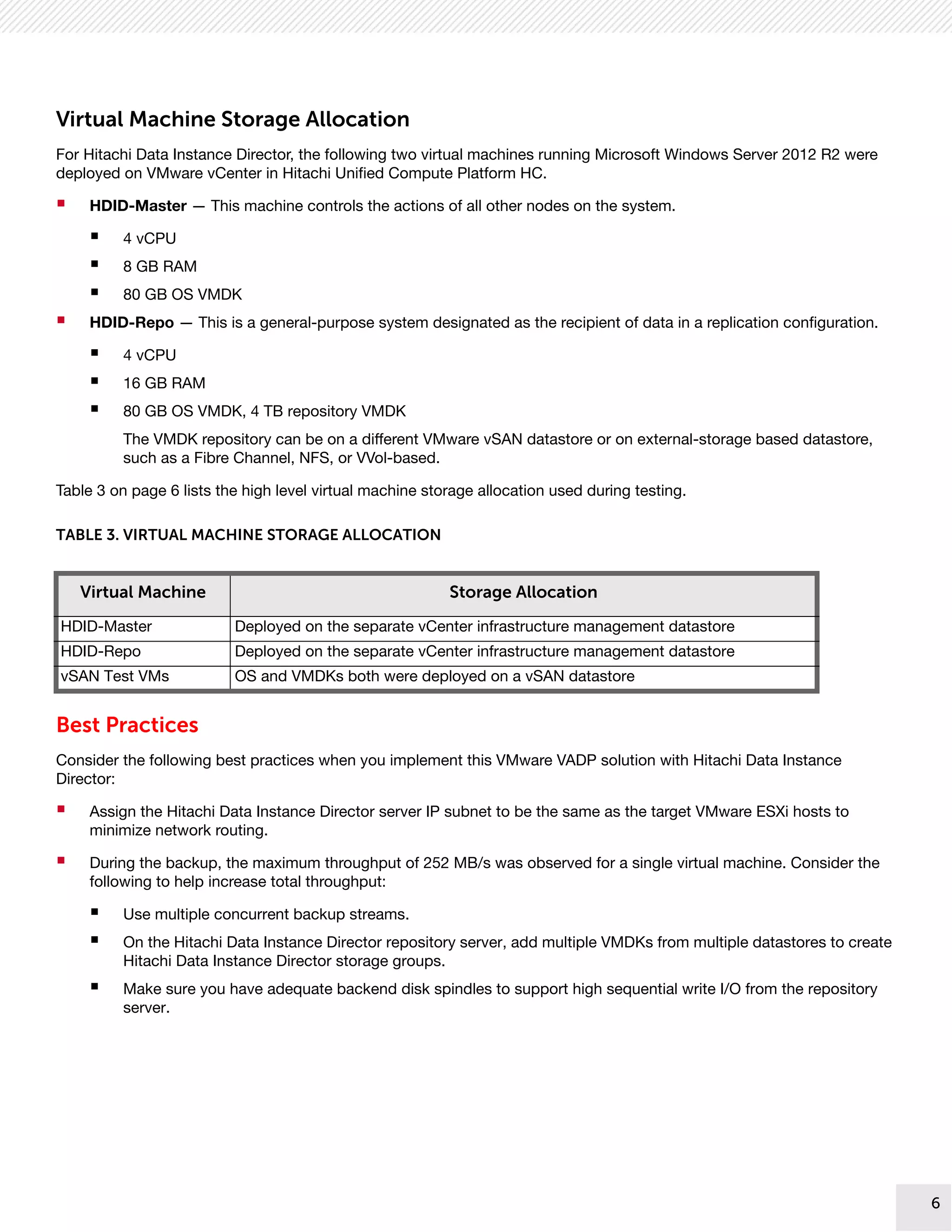 6
6
Virtual Machine Storage Allocation
For Hitachi Data Instance Director, the following two virtual machines running Microsoft Windows Server 2012 R2 were
deployed on VMware vCenter in Hitachi Unified Compute Platform HC.
 HDID-Master — This machine controls the actions of all other nodes on the system.
 4 vCPU
 8 GB RAM
 80 GB OS VMDK
 HDID-Repo — This is a general-purpose system designated as the recipient of data in a replication configuration.
 4 vCPU
 16 GB RAM
 80 GB OS VMDK, 4 TB repository VMDK
The VMDK repository can be on a different VMware vSAN datastore or on external-storage based datastore,
such as a Fibre Channel, NFS, or VVol-based.
Table 3 on page 6 lists the high level virtual machine storage allocation used during testing.
Best Practices
Consider the following best practices when you implement this VMware VADP solution with Hitachi Data Instance
Director:
 Assign the Hitachi Data Instance Director server IP subnet to be the same as the target VMware ESXi hosts to
minimize network routing.
 During the backup, the maximum throughput of 252 MB/s was observed for a single virtual machine. Consider the
following to help increase total throughput:
 Use multiple concurrent backup streams.
 On the Hitachi Data Instance Director repository server, add multiple VMDKs from multiple datastores to create
Hitachi Data Instance Director storage groups.
 Make sure you have adequate backend disk spindles to support high sequential write I/O from the repository
server.
TABLE 3. VIRTUAL MACHINE STORAGE ALLOCATION
Virtual Machine Storage Allocation
HDID-Master Deployed on the separate vCenter infrastructure management datastore
HDID-Repo Deployed on the separate vCenter infrastructure management datastore
vSAN Test VMs OS and VMDKs both were deployed on a vSAN datastore
 