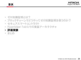 © Hitachi,Ltd. 2019. All rights reserved. 23
目次
• ゼロ知識証明とは？
• ブロックチェーンでどうやってゼロ知識証明を使うのか？
• セキュアスマートコントラクト
• Hyperledger Fabricでの実装アーキテクチャ
• 評価実験
• まとめ
 