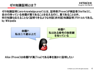 © Hitachi,Ltd. 2019. All rights reserved. 4
ゼロ知識証明とは？
ゼロ知識証明（zero-knowledge proof）とは、証明者(Prover)が検証者(Verifier)に、
自分の持っている命題が真であることを伝えるのに、真であること以外、
何の知識も伝えることなく証明できるような対話(非対話)知識証明プロトコルである。
by Wikipedia
Alice (Prover)は命題Pが真(True)である事を誰かに証明したい
命題P:
私は二十歳以上だ
命題P:
私はある暗号の秘密鍵
を知っている
 