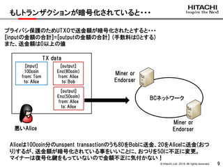 © Hitachi,Ltd. 2019. All rights reserved. 9
もしトランザクションが暗号化されていると・・・
プライバシ保護のためUTXOで送金額が暗号化されたとすると・・・
[inputの金額の合計]=[outputの金額の合計] (手数料は0とする)
また、送金額は0以上の値
BCネットワーク
TX data
[input]
100coin
from: Tom
to: Alice
[output]
Enc(80coin)
from: Alice
to: Bob
[output]
Enc(50coin)
from: Alice
to: Alice
悪いAlice
Aliceは100coin分のunspent transactionのうち80をBobに送金、20をAliceに送金(おつ
り)するが、送金額が暗号化されている事をいいことに、おつりを50に不正に変更。
マイナーは復号化鍵をもっていないので金額不正に気付かない！
Miner or
Endorser
Miner or
Endorser
 