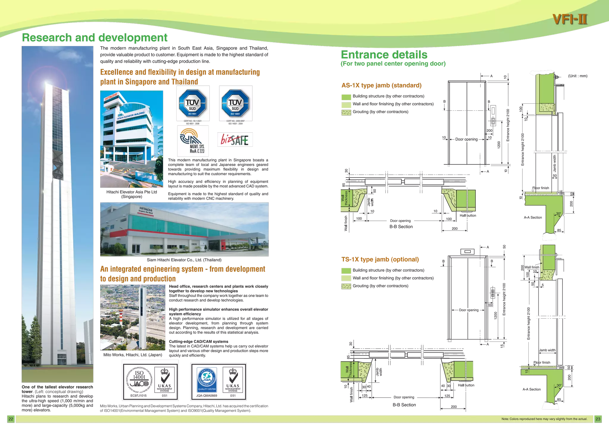 22 23Note: Colors reproduced here may vary slightly from the actual.
TS-1X type jamb (optional)
An integrated engineering system - from development
to design and production
Excellence and flexibility in design at manufacturing
plant in Singapore and Thailand
The modern manufacturing plant in South East Asia, Singapore and Thailand,
provide valuable product to customer. Equipment is made to the highest standard of
quality and reliability with cutting-edge production line.
Siam Hitachi Elevator Co., Ltd. (Thailand)
Hitachi Elevator Asia Pte Ltd
(Singapore)
Mito Works, Hitachi, Ltd. (Japan)
Head office, research centers and plants work closely
together to develop new technologies
Staff throughout the company work together as one team to
conduct research and develop technologies.
High performance simulator enhances overall elevator
system efficiency
A high performance simulator is utilized for all stages of
elevator development, from planning through system
design. Planning, research and development are carried
out according to the results of this statistical analysis.
Cutting-edge CAD/CAM systems
The latest in CAD/CAM systems help us carry out elevator
layout and various other design and production steps more
quickly and efficiently.
One of the tallest elevator research
tower. (Left: conceptual drawing)
Hitachi plans to research and develop
the ultra-high speed (1,000 m/min and
more) and large-capacity (5,000kg and
more) elevators.
CERT NO.: 2000-0097
ISO 14001 : 2004
CERT NO.: 93-1-0021
ISO 9001 : 2008
This modern manufacturing plant in Singapore boasts a
complete team of local and Japanese engineers geared
towards providing maximum flexibility in design and
manufacturing to suit the customer requirements.
High accuracy and efficiency in planning of equipment
layout is made possible by the most advanced CAD system.
Equipment is made to the highest standard of quality and
reliability with modern CNC machinery.
Mito Works, Urban Planning and Development Systems Company, Hitachi, Ltd. has acquired the certification
of ISO14001(Environmental Management System) and ISO9001(Quality Management System).
EC97J1015 JQA-QMA0669
 