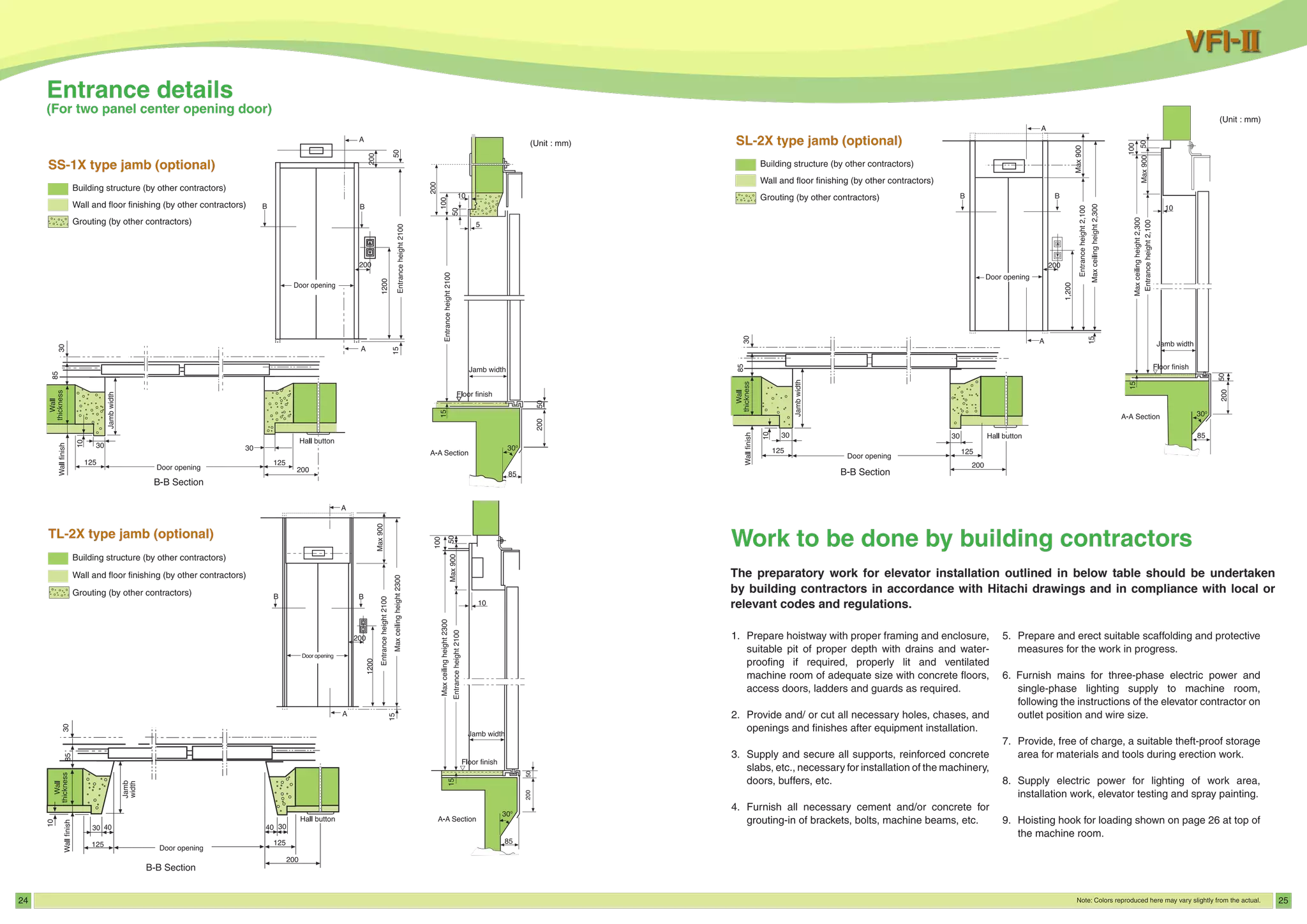 24 25
The preparatory work for elevator installation outlined in below table should be undertaken
by building contractors in accordance with Hitachi drawings and in compliance with local or
relevant codes and regulations.
 