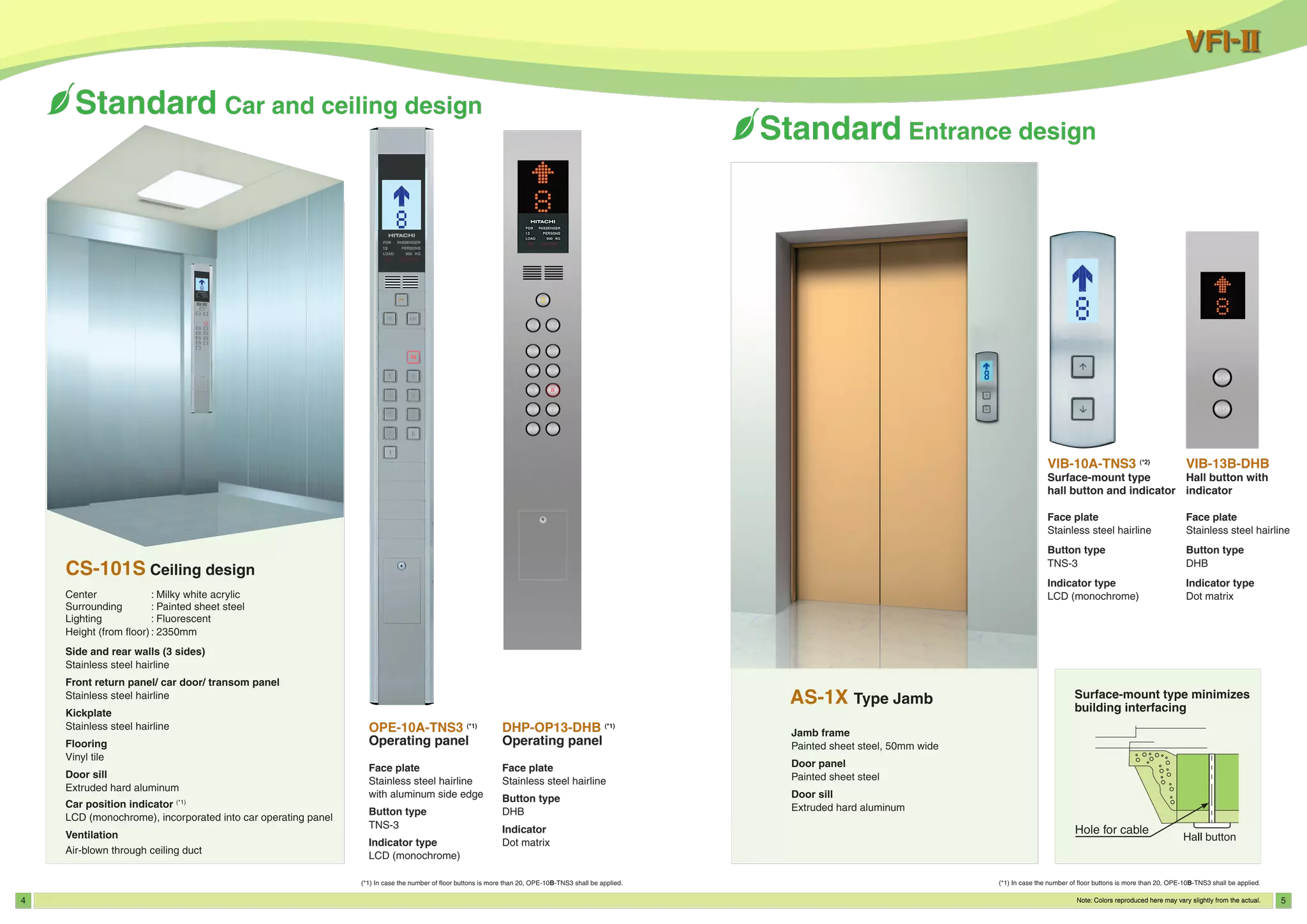 4 5
(*1) In case the number of floor buttons is more than 20, OPE-10B-TNS3 shall be applied.
OPE-10A-TNS3 (*1)
Operating panel
Face plate
Stainless steel hairline
with aluminum side edge
Button type
TNS-3
Indicator type
LCD (monochrome)
DHP-OP13-DHB (*1)
Operating panel
Face plate
Stainless steel hairline
Button type
DHB
Indicator
Dot matrix
VIB-10A-TNS3 (*2)
Surface-mount type
hall button and indicator
Face plate
Stainless steel hairline
Button type
TNS-3
Indicator type
LCD (monochrome)
VIB-13B-DHB
Hall button with
indicator
Face plate
Stainless steel hairline
Button type
DHB
Indicator type
Dot matrix
 