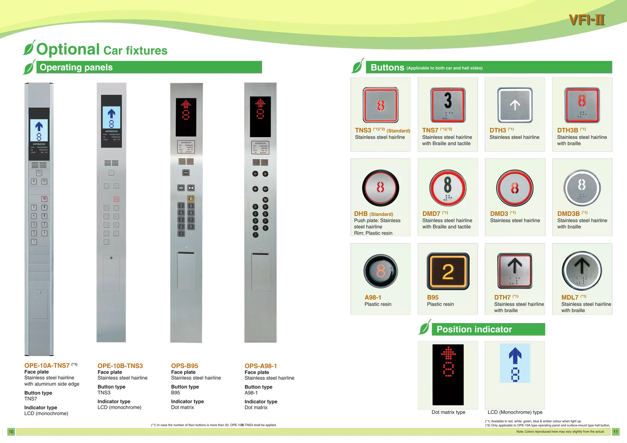 10 11
Operating panelsOperating panels
OPE-10A-TNS7 (*1)
Face plate
Stainless steel hairline
with aluminum side edge
Button type
TNS7
Indicator type
LCD (monochrome)
OPE-10B-TNS3
Face plate
Stainless steel hairline
Button type
TNS3
Indicator type
LCD (monochrome)
OPS-B95
Face plate
Stainless steel hairline
Button type
B95
Indicator type
Dot matrix
OPS-A98-1
Face plate
Stainless steel hairline
Button type
A98-1
Indicator type
Dot matrix
DMD3 (*1)
Stainless steel hairline
DMD7 (*1)
Stainless steel hairline
with Braille and tactile
DTH7 (*1)
Stainless steel hairline
with braille
MDL7 (*1)
Stainless steel hairline
with braille
Dot matrix type LCD (Monochrome) type
TNS3 (*1)(*2)
(Standard)
Stainless steel hairline
TNS7 (*1)(*2)
Stainless steel hairline
with Braille and tactile
Position indicator
(*1) Available in red, white, green, blue & amber colour when light up.
(*2) Only applicable to OPE-10A type operating panel and surface-mount type hall button.
DHB (Standard)
Push plate: Stainless
steel hairline
Rim: Plastic resin
DMD3B (*1)
Stainless steel hairline
with braille
DTH3B (*1)
Stainless steel hairline
with braille
DTH3 (*1)
Stainless steel hairline
A98-1
Plastic resin
B95
Plastic resin
(*1) In case the number of floor buttons is more than 20, OPE-10B-TNS3 shall be applied.
 