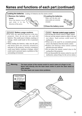 Names and functions of each part (continued)
Loading the batteries Loading AA batteries into the remote control.
1Remove the battery                                                   2Loading the batteries.
 cover.                                                                  Make sure the plus and
      Press the battery cover                                            minus poles are correctly
      and slide it in the                                                oriented.
      direction of the arrow.
                                                                      3Close the battery cover.


      Caution Battery usage cautions                                        Caution Remote control usage cautions
•   Use only the specified batteries with this                          •   Do not drop the remote control or apply impact.
    projector. Also, do not mix new and old
    batteries. This could cause in battery cracking or
                                                                        •   Do not wet the remote control or place it on any
                                                                            wet object. Such actions could result in
    leakage, which could result in fire or personal                         malfunction.
    injury.                                                             •   When not to be used for an extended period,
•   When loading the batteries, make sure the plus                          remove the batteries from the remote control.
    and minus poles are correctly oriented as
    indicated in the projector. Incorrect orientation
                                                                        •   Replace the batteries when remote control
                                                                            operation becomes difficult.
    could cause battery cracking or leakage, which
    could result in personal injury or pollution of the
                                                                        •   Do not place the remote control close to the
                                                                            cooling fan of the projector.
    surrounding environment.                                            •   Do not disassemble the remote control in case of
                                                                            malfunction. please bring it to the service station.




         Warning                      The laser pointer of the remote control is used in place of a finger or rod.
                                      Never look directly into the laser beam outlet or point the laser beam at
                                      other people.
                                      The laser beam can cause vision problems.



                 CAUTION
                       LASER RADIATION-
                       DO NOT STARE INTO BEAM
                      WAVE LENGTH: 650nm
                      MAX . OUTPUT: 1mW
                   CLASS 2 LASER PRODUCT

              RADIAZIONI LASER
              NON GUARDARE NEL RAGGIO LUCE
              APPARECCHIO LASER DI CLASSE 2
              RAYONNEMENT LASER      MANUFACTURED
              NE PAS REGARDER DANS
              LE FAISCEAU APPAREIL
              A LASER DE CLASSE 2
              LASER-STRAHLUNG       PLACE OF
              NICHT IN DEN STRAHL   MANUFACTURER:A
              BLICKEN LASER KLASSE2   MADE IN JAPAN
                                IEC60825-1:1993+A1:1997




                                                                AVOID EXPOSURE-
                                                                LASER RADIATION IS
                                                                EMITTED FROM THIS
                                                                APERTURE



                                                                                                                            11
 