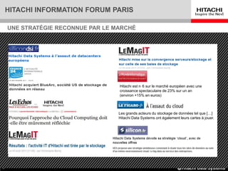 HITACHI INFORMATION FORUM PARIS

    UNE STRATÉGIE RECONNUE PAR LE MARCHÉ




                                   Hitachi est n 6 sur le marché européen avec une
                                   croissance spectaculaire de 23% sur un an
                                   (environ +15% en euros)



                                   Les grands acteurs du stockage de données tel que […]
                                   Hitachi Data Systems ont également leurs cartes à jouer.




6
 
