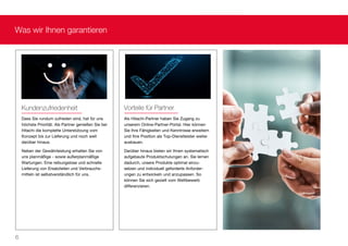 Kundenzufriedenheit
Dass Sie rundum zufrieden sind, hat für uns
höchste Priorität. Als Partner genießen Sie bei
Hitachi die komplette Unterstützung vom
Konzept bis zur Lieferung und noch weit
darüber hinaus.
Neben der Gewährleistung erhalten Sie von
uns planmäßige - sowie außerplanmäßige
Wartungen. Eine reibungslose und schnelle
Lieferung von Ersatzteilen und Verbrauchs-
mitteln ist selbstverständlich für uns.
Vorteile für Partner
Als Hitachi-Partner haben Sie Zugang zu
unserem Online-Partner-Portal. Hier können
Sie Ihre Fähigkeiten und Kenntnisse erweitern
und Ihre Position als Top-Dienstleister weiter
ausbauen.
Darüber hinaus bieten wir Ihnen systematisch
aufgebaute Produktschulungen an. Sie lernen
dadurch, unsere Produkte optimal einzu-
setzen und individuell geforderte Anforder-
ungen zu entwickeln und anzupassen. So
können Sie sich gezielt vom Wettbewerb
differenzieren.
6
Was wir Ihnen garantieren
 