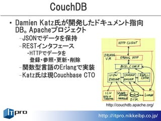CouchDB
• Damien Katz氏が開発したドキュメント指向
  DB。Apacheプロジェクト
 –JSONでデータを保持
 –RESTインタフェース
   •HTTPでデータを
    登録・参照・更新・削除
 –関数型言語のErlangで実装
 –Katz氏は現Couchbase CTO



                         http://couchdb.apache.org/
 
