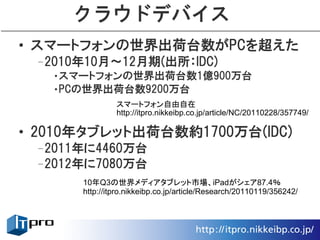 クラウドデバイス
• スマートフォンの世界出荷台数がPCを超えた
 –2010年10月～12月期(出所：IDC)
   •スマートフォンの世界出荷台数1億900万台
   •PCの世界出荷台数9200万台
               スマートフォン自由自在
               http://itpro.nikkeibp.co.jp/article/NC/20110228/357749/

• 2010年タブレット出荷台数約1700万台(IDC)
 –2011年に4460万台
 –2012年に7080万台
      10年Q3の世界メディアタブレット市場、iPadがシェア87.4％
      http://itpro.nikkeibp.co.jp/article/Research/20110119/356242/
 