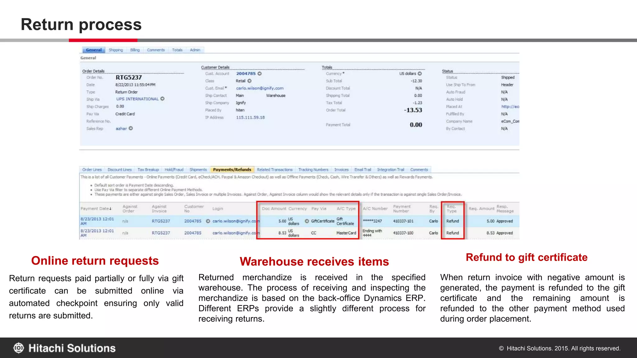 © Hitachi Solutions. 2015. All rights reserved.
Gift Certificate Life Cycle
Order containing gift certificate
is integrated in the back-office
ERP for fulfillment.
As gift certificates are paid and
delivered real time, their amount
integrates as a advance
payment.
The order is invoiced by the
operator or a batch process.
Zero value invoice is generated
for purchased gift certificate.
Invoice for remaining amount (if
other items were purchased with
the gift certificate) is integrated
back to the Manager Panel
along with the tracking details.
The credit card is charged for
money equal to invoice total.
Charged money is integrated
back into ERP as payment
against the invoice.
Purchase Life Cycle
Order paid via gift certificate is
integrated in the back-office
ERP for fulfillment.
Amount paid by gift certificate
integrates as an advanced
payment in back-office ERP.
The order is invoiced by the
operator or a batch process.
Zero value invoice is generated
for amount paid via gift
certificate.
Invoice for remaining amount (if
order total > amount paid by gift
certificate) is integrated back to
the Manager Panel along with
the tracking details.
The credit card is charged for
money equal to remaining
invoice total. Charged money is
integrated into ERP as payment
against the invoice.
Redemption Life Cycle
 