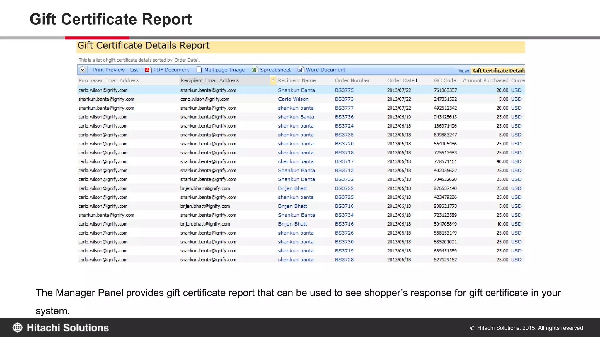 © Hitachi Solutions. 2015. All rights reserved.
Return process
Online return requests
Return requests paid partially or fully via gift
certificate can be submitted online via
automated checkpoint ensuring only valid
returns are submitted.
Warehouse receives items
Returned merchandize is received in the specified
warehouse. The process of receiving and inspecting the
merchandize is based on the back-office Dynamics ERP.
Different ERPs provide a slightly different process for
receiving returns.
Refund to gift certificate
When return invoice with negative amount is
generated, the payment is refunded to the gift
certificate and the remaining amount is
refunded to the other payment method used
during order placement.
 