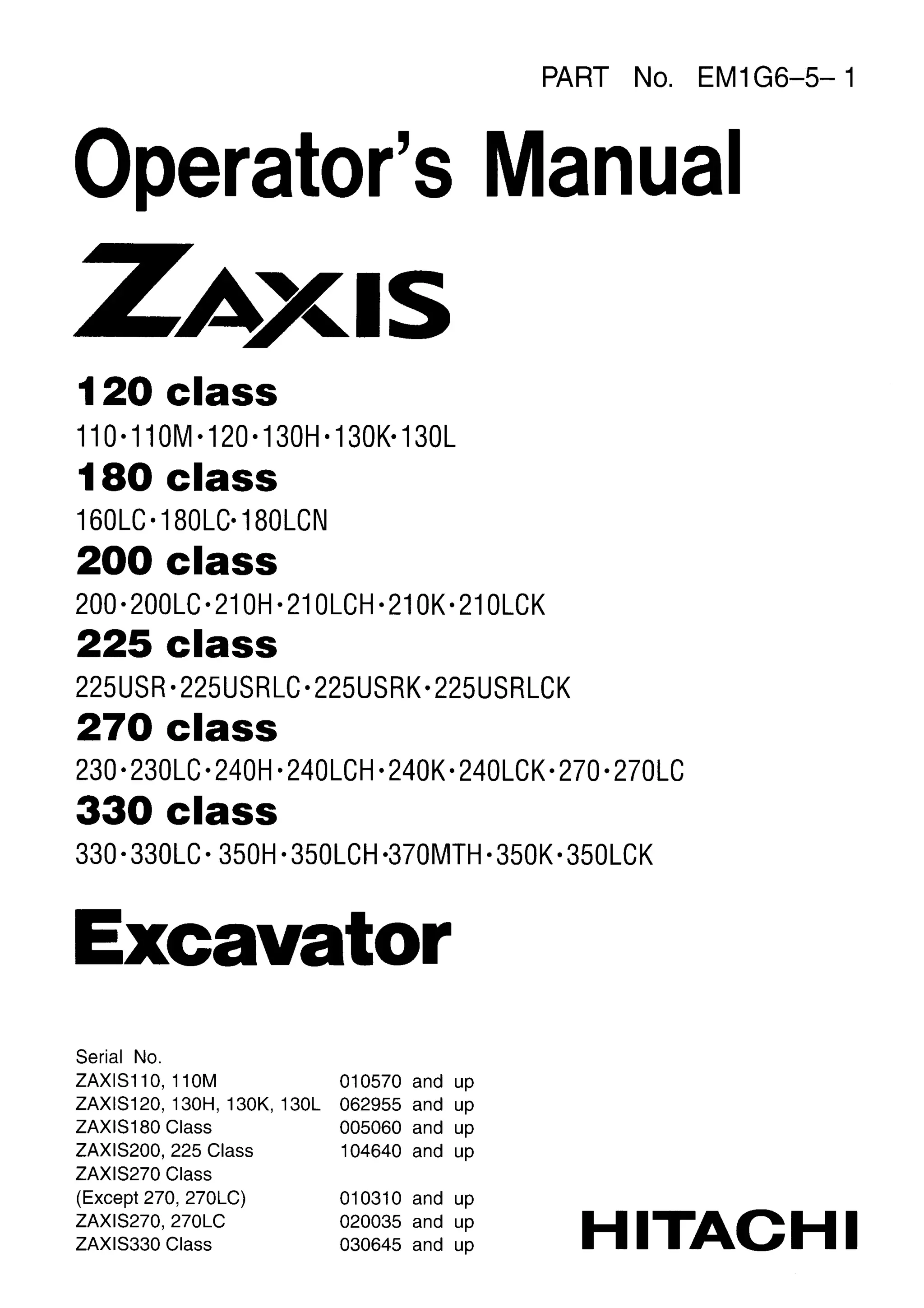 Hitachi zaxis 120, 130 h, 130k excavator operator manual sn062955