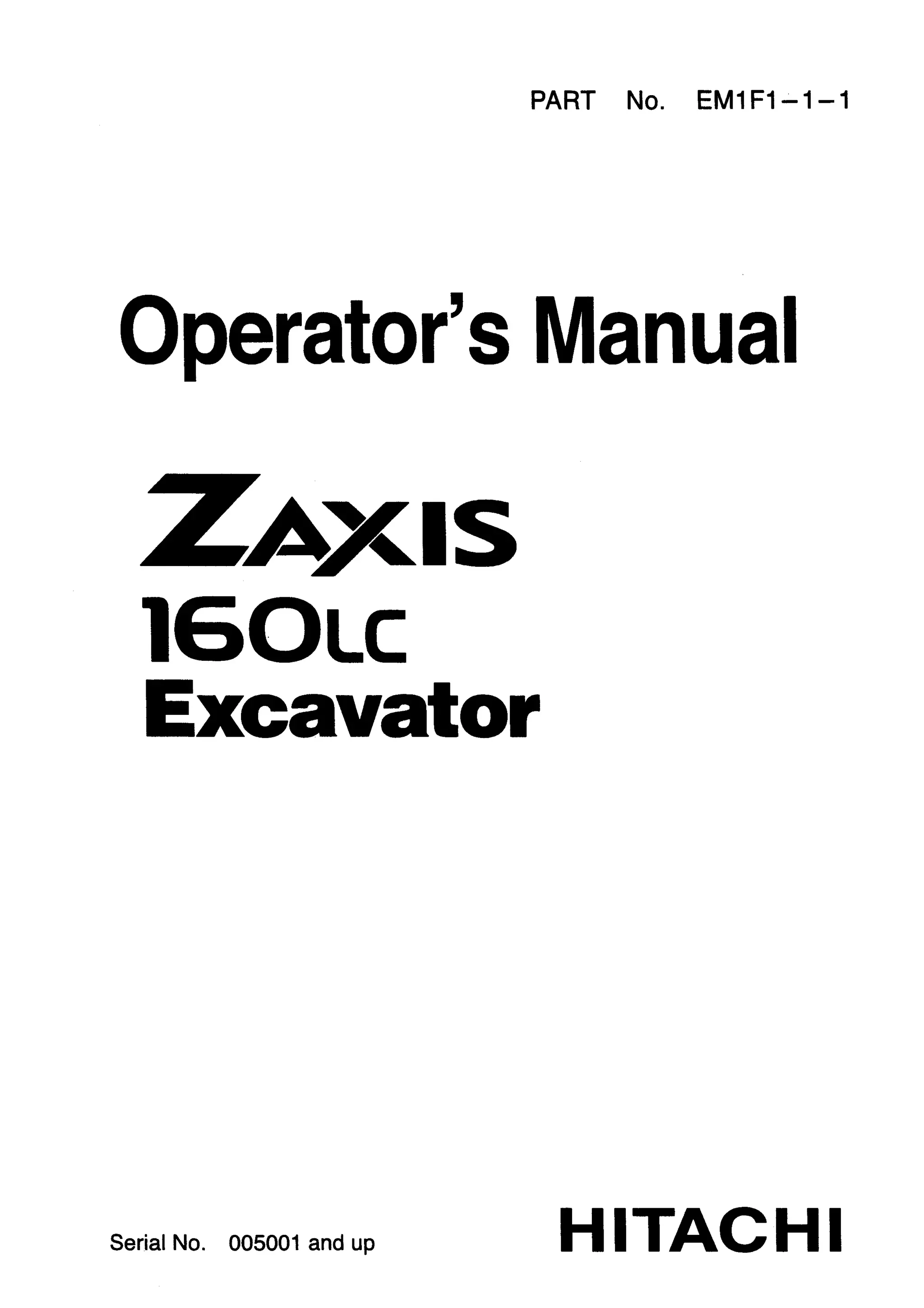 Hitachi zaxis 160 lc excavator operator manual (serial no. 005001