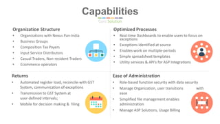Organization Structure
• Organizations with Nexus Pan-India
• Business Groups
• Composition Tax Payers
• Input Service Distributors
• Casual Traders, Non-resident Traders
• Ecommerce operators
Optimized Processes
• Real-time Dashboards to enable users to focus on
exceptions
• Exceptions identified at source
• Enables work on multiple-periods
• Simple spreadsheet templates
• Utility services & API’s for ASP Integrations
Returns
• Automated register load, reconcile-with GST
System, communication of exceptions
• Transmission to GST System at
user-defined intervals;
• Mobile for decision making & filing
Ease of Administration
• Role-based function security with data security
• Manage Organization, user transitions with
ease
• Simplified file management enables ease of
administration
• Manage ASP Solutions, Usage Billing
Capabilities
Core Solution
 