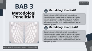 BAB 3
Metodologi
Penelitian
Lorem ipsum dolor sit amet, consectetur
adipiscing elit. Maecenas scelerisque sapien
quam, et ornare tortor faucibus at. Nullam
elementum dolor quis mollis eleifend. Sed in
tempus quam.
Metodologi Kualitatif
Halaman 9
Murad Naser | Universitas Fauget | Ekonomi | 2025
Lorem ipsum dolor sit amet, consectetur
adipiscing elit. Maecenas scelerisque sapien
quam, et ornare tortor faucibus at. Nullam
elementum dolor quis mollis eleifend. Sed in
tempus quam.
Metodologi Kuantitatif
 