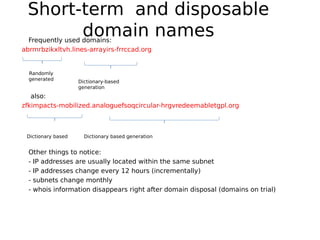 Short-term and disposable
       domain names
  Frequently used domains:
abrmrbzikxltvh.lines-arrayirs-frrccad.org


  Randomly
  generated
                    Dictionary-based
                    generation
   also:
zfkimpacts-mobilized.analoguefsoqcircular-hrgvredeemabletgpl.org



 Dictionary based     Dictionary based generation


  Other things to notice:
  - IP addresses are usually located within the same subnet
  - IP addresses change every 12 hours (incrementally)
  - subnets change monthly
  - whois information disappears right after domain disposal (domains on trial)
 
