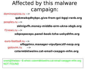 Affected by this malware
             campaign:
dominospizza.ru -->
         qakmwkqdhybpc.give-from-gzi-bgqi-ranb.org
peoples.ru -->
          sklnigvfh.money-middle-orm-ukna-xbgb.org
f1news.ru -->   
       xdqospocepx.panel-book-tzha-uekydtfm.org    
          
 euro-football.ru -->     
             ofbgplmx.manager-vipufpncztf-nezp.org  
   gotovim.ru      -->
        cstermbktwelnv.cat-email-ceepgm-mfm.org


sroot@thebox:~$ whois cstermbktwelnv.cat-email-ceepgm-mfm.org
NOT FOUND
 