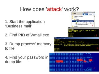 How does 'attack' work?

1. Start the application
“Business mail”

2. Find PID of Wmail.exe

3. Dump process' memory
to file

4. Find your password in
dump file
 