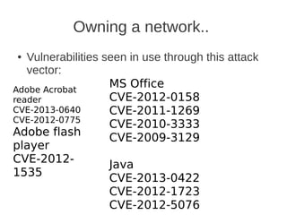Owning a network..
●  Vulnerabilities seen in use through this attack
   vector:
Adobe Acrobat
                    MS Office
reader              CVE-2012-0158
CVE-2013-0640       CVE-2011-1269
CVE-2012-0775
                    CVE-2010-3333
Adobe flash         CVE-2009-3129
player
CVE-2012-           Java
1535                CVE-2013-0422
                   CVE-2012-1723
                   CVE-2012-5076
 