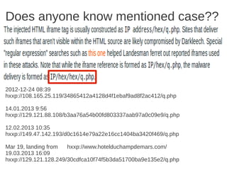 Does anyone know mentioned case??




2012-12-24 08:39
hxxp://108.165.25.119/34865412a4128d4f1ebaf9ad8f2ac412/q.php

14.01.2013 9:56
hxxp://129.121.88.108/b3aa76a54b00fd803337aab97a0c09e9/q.php

12.02.2013 10:35
hxxp://149.47.142.193/d0c1614e79a22e16cc1404ba3420f469/q.php

Mar 19, landing from   hxxp://www.hotelduchampdemars.com/
19.03.2013 16:09
hxxp://129.121.128.249/30cdfca10f74f5b3da51700ba9e135e2/q.php
 
