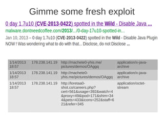 Gimme some fresh exploit




1/14/2013   178.238.141.19 http://machete0-yhis.me/       application/x-java-
18:57                      pictures/demos/OAggq           archive
1/14/2013   178.238.141.19 http://machete0-               application/x-java-
18:57                      yhis.me/pictures/demos/OAggq   archive
1/14/2013   178.238.141.19 http://loretaa0-             application/octet-
18:57                      shot.co/careers.php?         stream
                           cert=561&usage=392&watch=4
                           &proxy=49&ipod=171&shim=34
                           4&pets=433&icons=252&staff=6
                           21&refer=345
 
